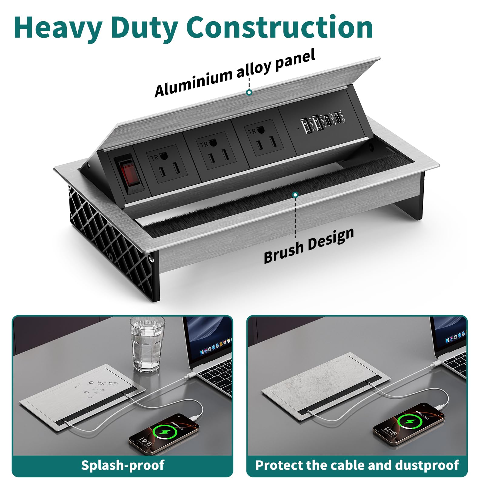 QBA Tabletop Recessed Power Hub – 3 AC Outlets, 2 USB-A (18W), 2 USB-C (30W PD), Brush Slot, Flip-Up Lid – For Conference Rooms, Desks, Kitchen Islands & Workbenches