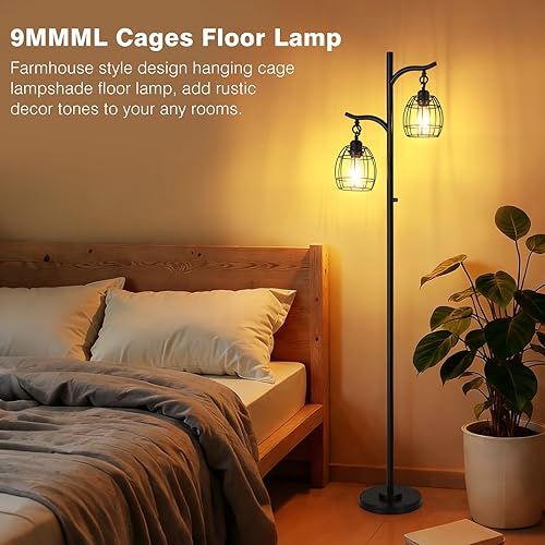Miniatura 5 de Lámpara de pie 9MMML para sala de estar, lámpara de pie industrial de granja regulable con 2 jaulas colgantes en forma de lágrima, lámpara de árbol