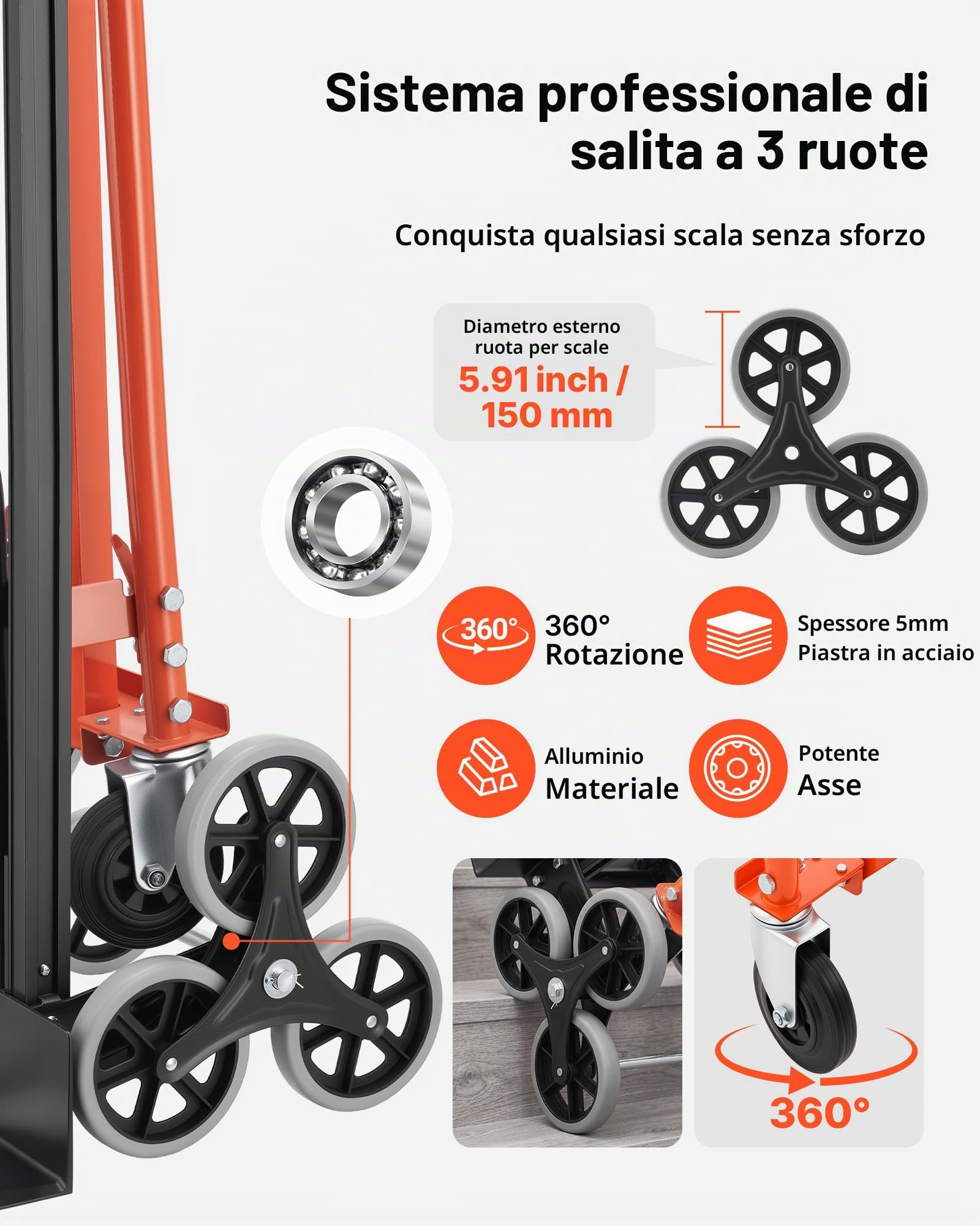 VEVOR Carrello a Scala Pieghevole per Traslochi, Carico Massimo 350 kg con Maniglia e Ruote, Carrello Multiuso per Salire le Scale per Trasporto e Trasloco, per Generi Alimentari, Magazzino