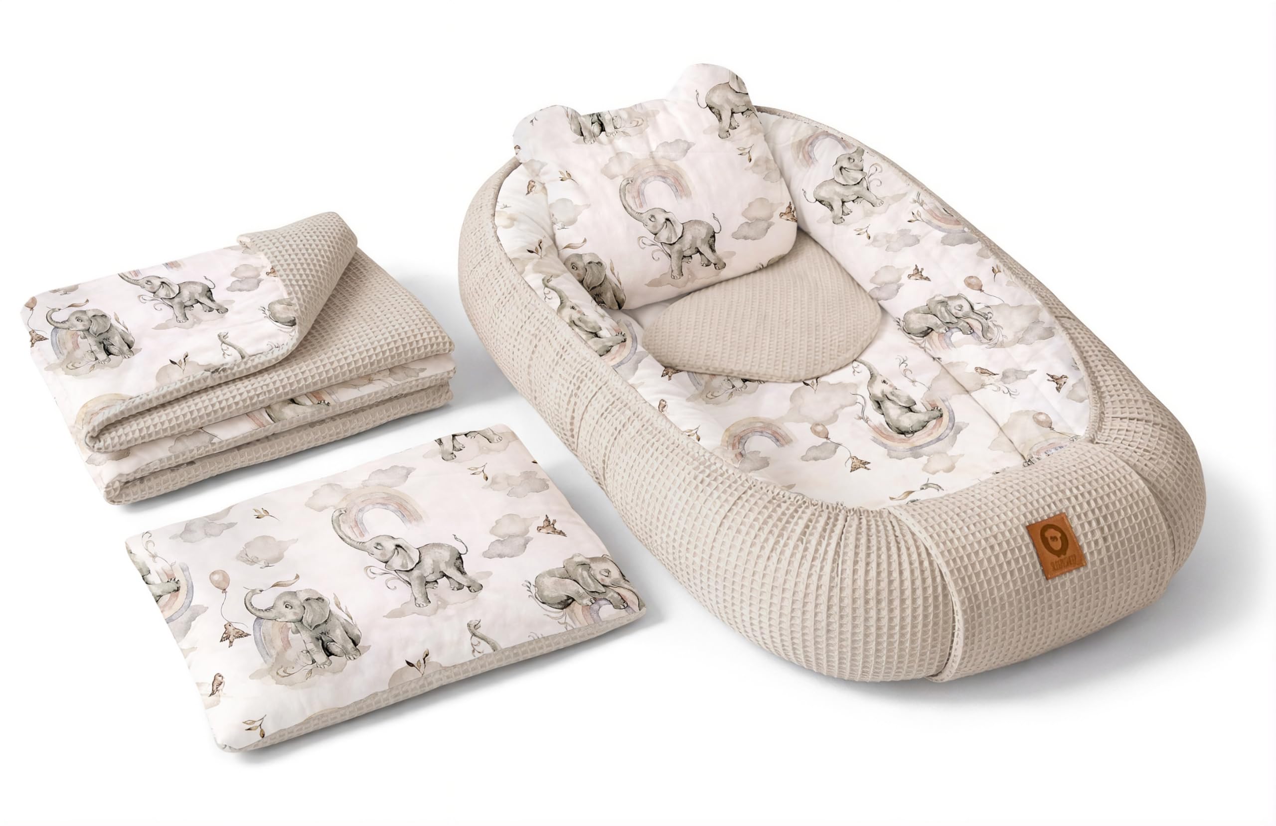 Babynest Nestchen Baby Set für Neugeborene – 5-teilig – Kuschelnest aus 100% Baumwolle & Waffelpique – Babykokon tragbar – für Babybett, Kinderbett & Kinderwagen – OEKO-TEX - Elefanten und Sand