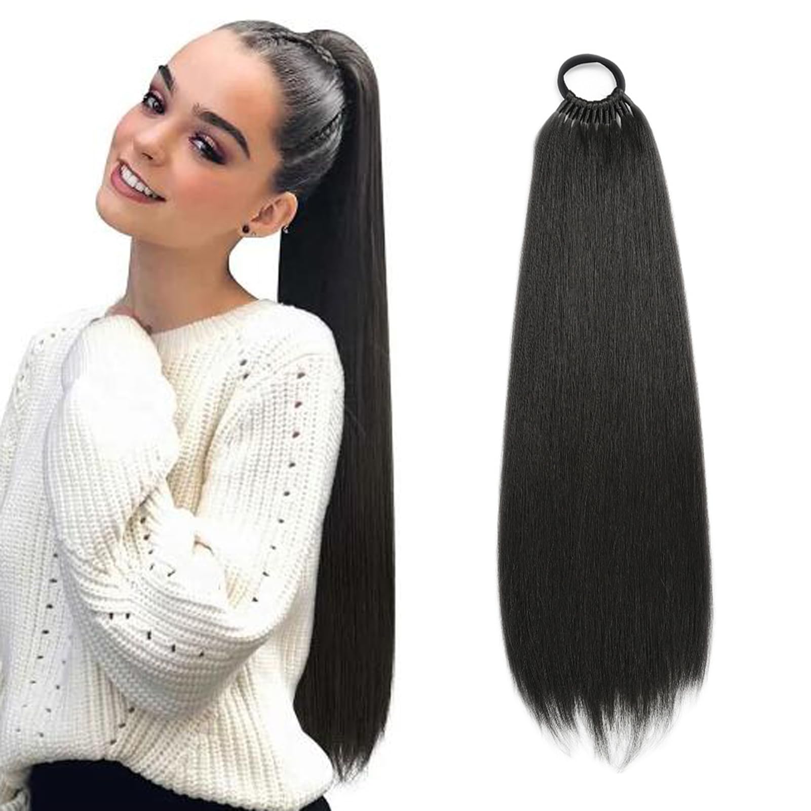 32inch Long Braid Ponytail Extension with Elastic Tie Sleek Straight Braids Ponytail Natural Soft Synthetic Hairpiece for Women Girls (#1B