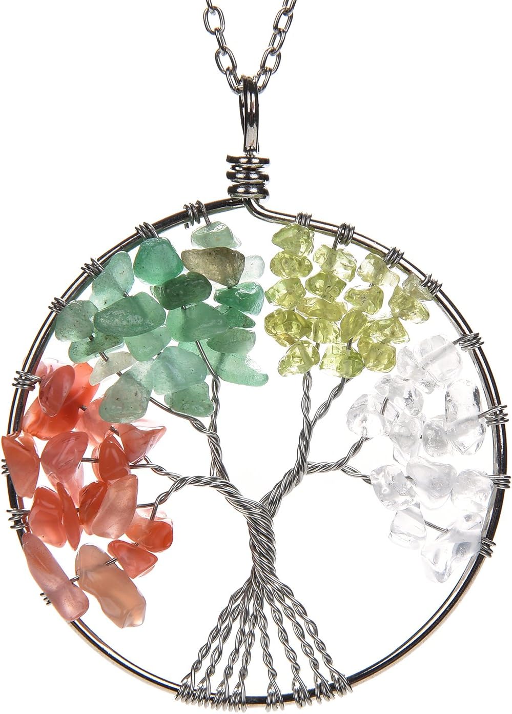 Tree of Life Pendant Necklace with 2 Chains + 2 Waxed Cotton Cord, Nature Stone Handmade Amethyst Crystal Necklace Gemstone Chakra Jewelry Women Valentine's Day Women Girls