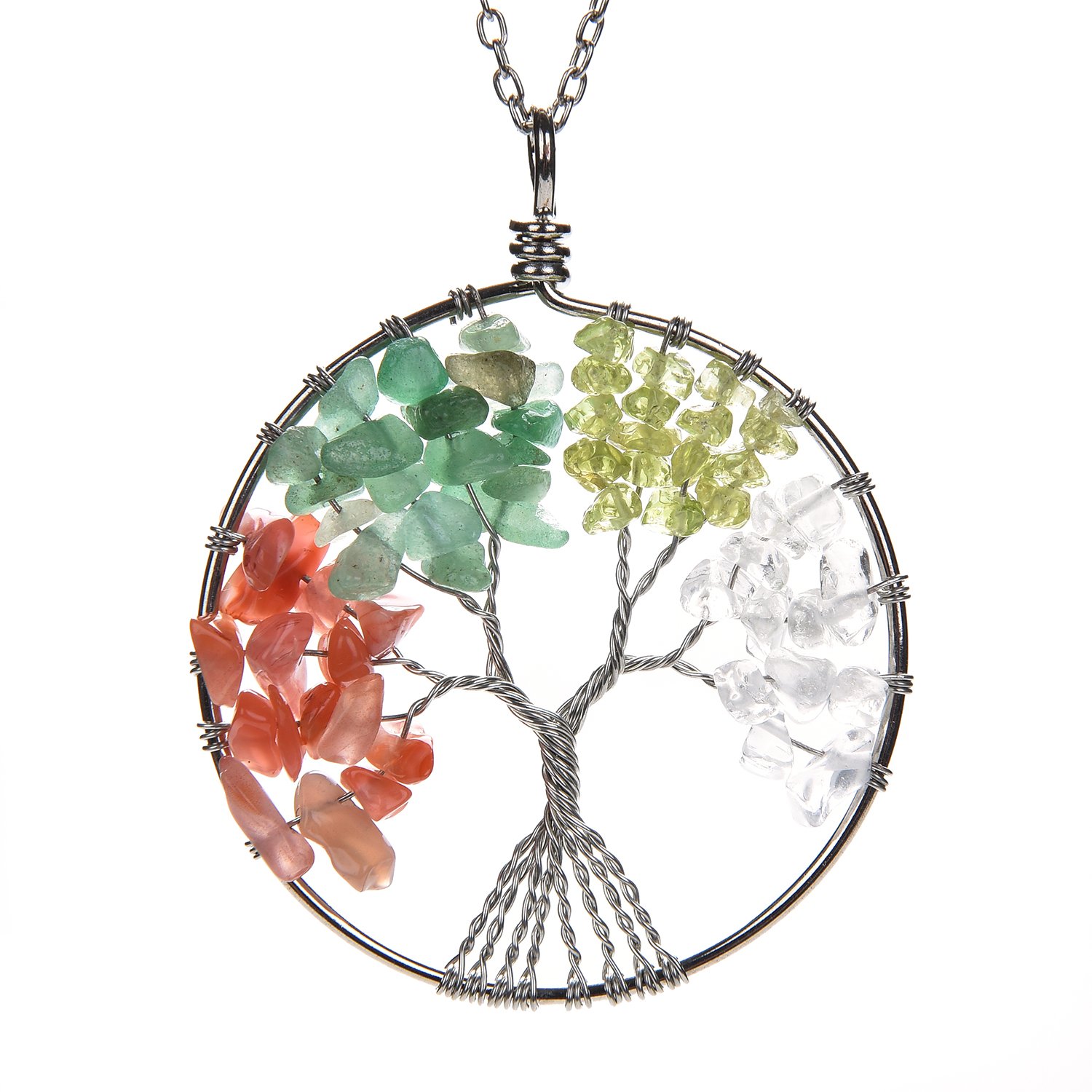 Tree of Life Pendant Necklace with 2 Chains + 2 Waxed Cotton Cord, Nature Stone Handmade Amethyst Crystal Necklace Gemstone Chakra Jewelry Women Valentine's Day Women Girls