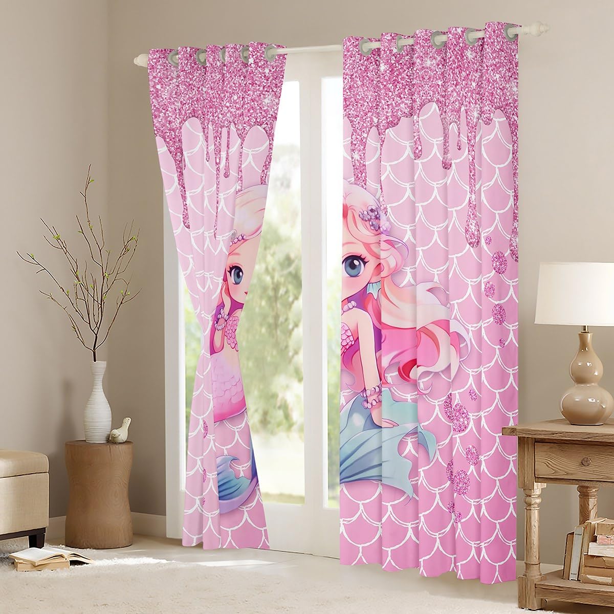 Manfei Mermaid Girls Blackout Curtain Pink Glitter Diamond Window Drapes for Kid Princess Room Decor Pink Mermaid Fish Scale Window Treatments - Image 3
