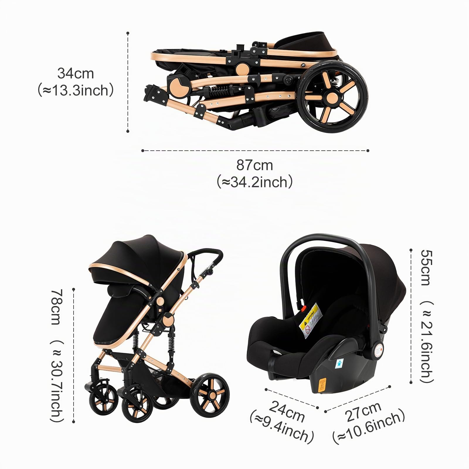 Poussette 3 en 1, Poussette avec Réversible Deux Façons de Pousser, Pousette 3 en 1 avec Alliage d'aluminium à Cadre, Poussette Canne avec Conception Pliable en Un Clic (khaki 588)