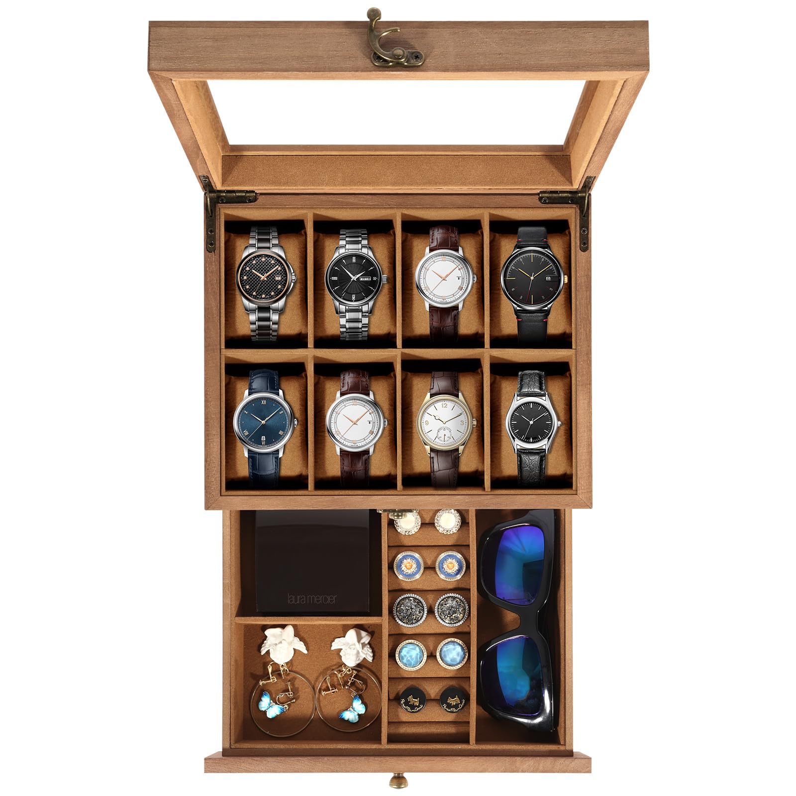 Uten Watch Box 8 Slots, 2-Tier Solid Wood Watch Case with Glass Lid, Metal Clasp, Watch Display Box for Men and Women, Removable Silk Cotton Pillow, Brown Lining, Jewelry Storage Box, Gift Idea