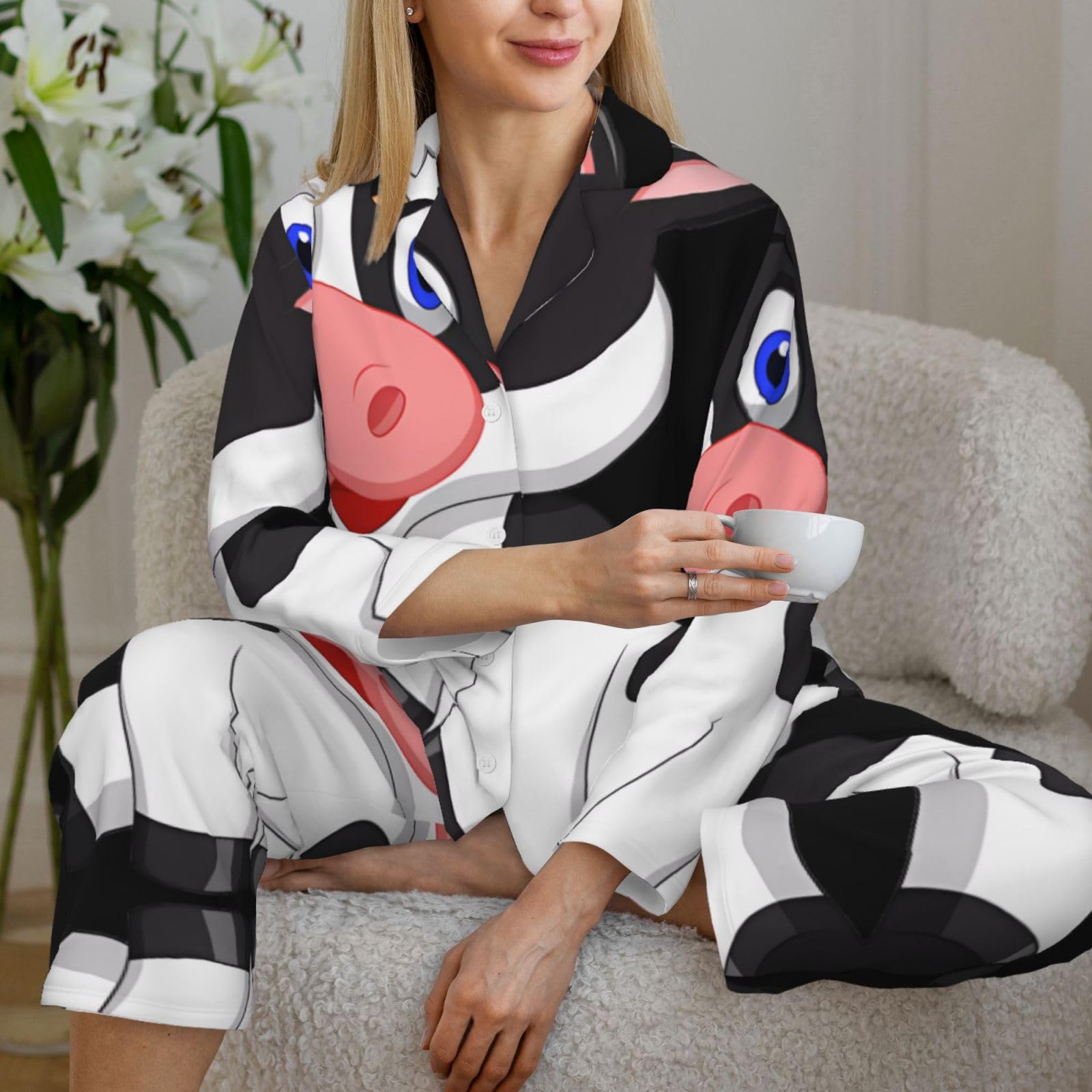 Conjunto de pijama de manga larga para mujer, conjunto de pijama con estampado de vaca lechera, cómoda ropa de dormir para otoño e invierno