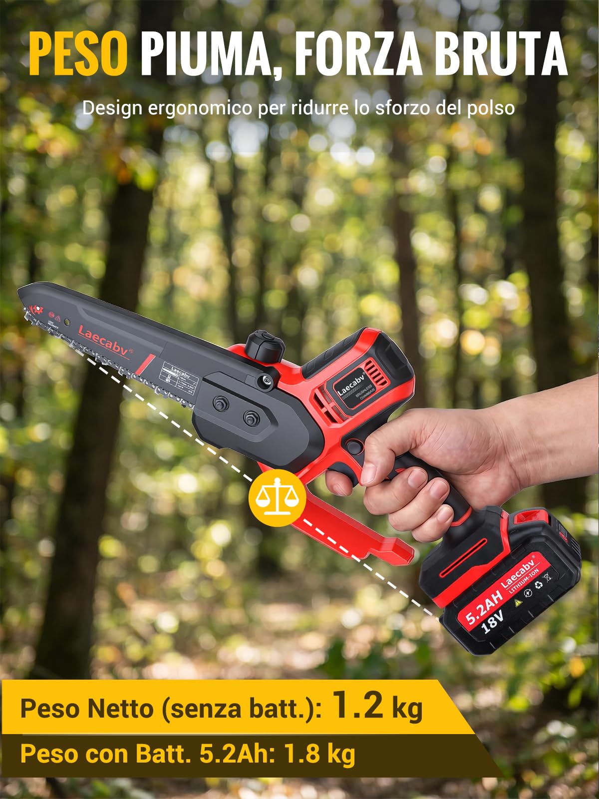 Laecabv Mini Motosega a Batteria J7Max 7 Pollici, con 2 Batterie 5.2Ah B10 e Motore Brushless, Seghetto Elettrico Portatile per Potatura e Taglio Legno, Auto-Oliatura