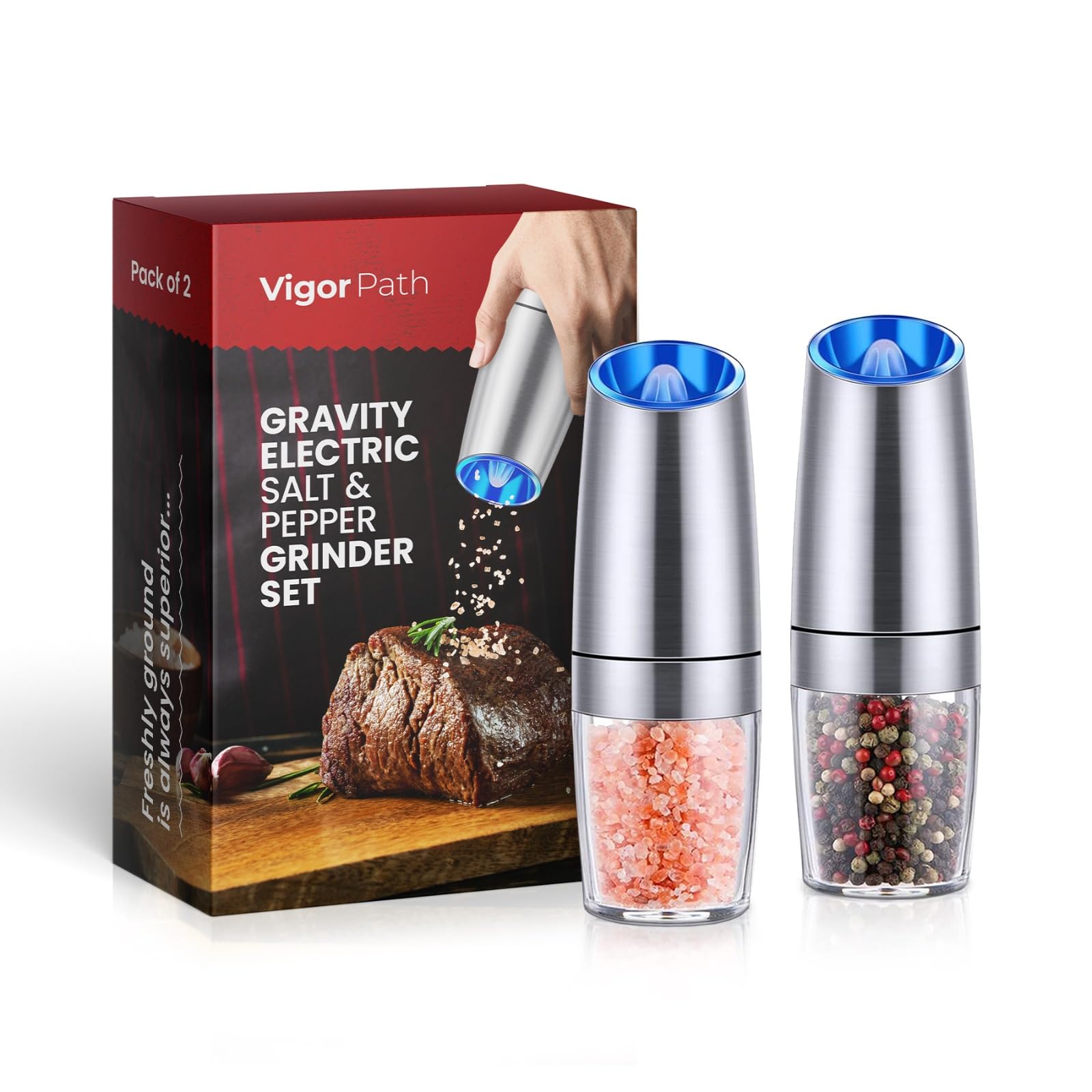 VIGOR PATH Electric Salt and Pepper Grinder Set with Adjustable Coarseness, Battery-Powered LED Light, One-Hand Automatic Operation (Stainless Steel)