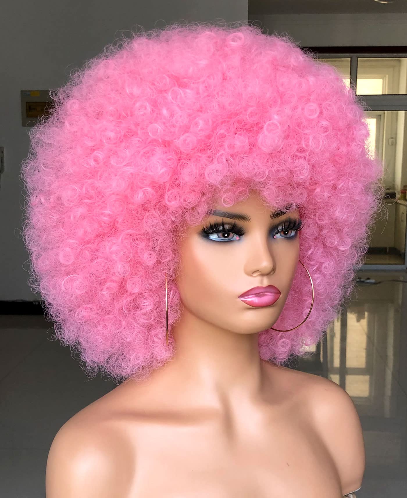 ISAMY 70's Afro Wigs for Black Women Short Curly Afro Kinky Wig Bouncy Huge Fluffy Puff Wigs Premium Synthetic for Cosplay and Daily (Pink) - Image 3