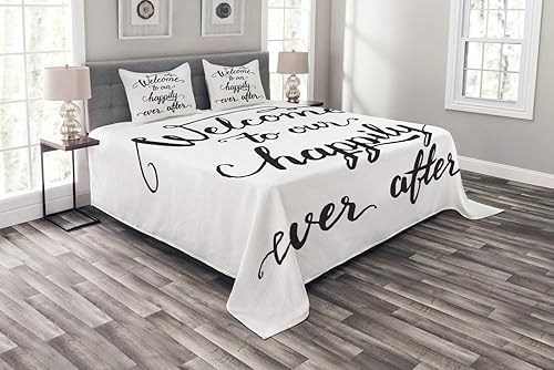 Ambesonne Saying Bedspread, Vintage Fountain Pen Lettering Wedding Welcome to Our Happily Ever After, Decorative Quilted 3 Piece Coverlet Set with 2