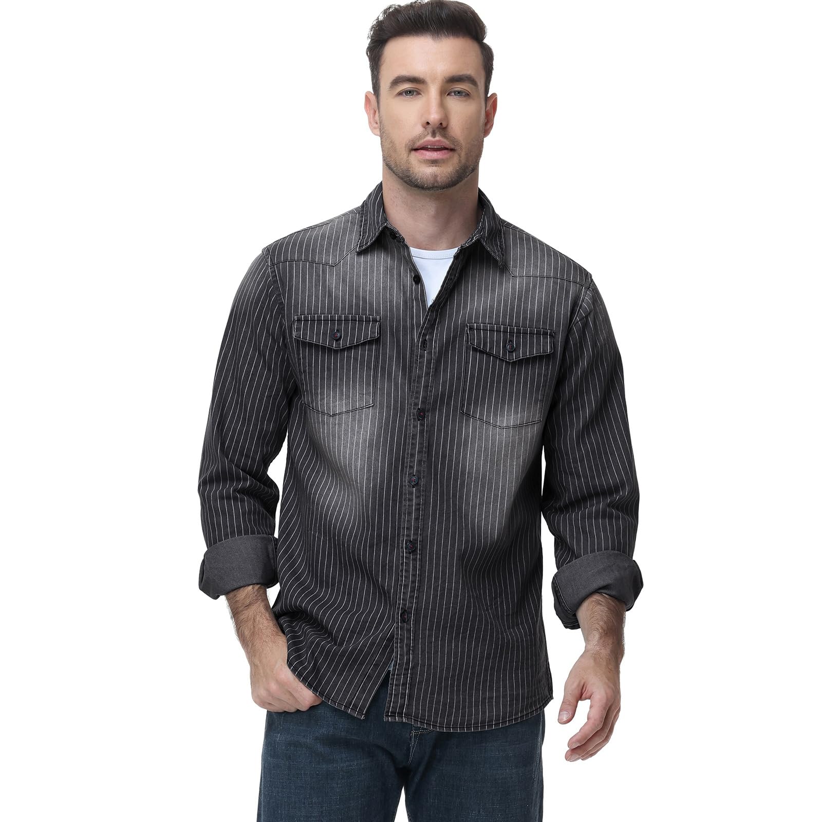 HOTIAN - Camisa vaquera de manga larga para hombre, camisa de ocio, camisa de negocios, corte entallado