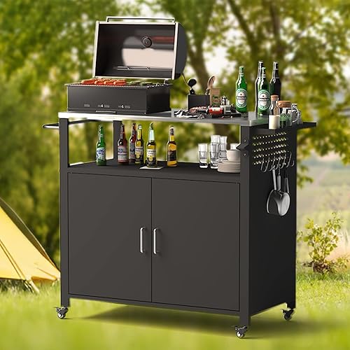 Mesa de parrilla al aire libre con almacenamiento, carrito de parrilla al aire libre para barbacoa, patio y patio trasero, isla de cocina al aire