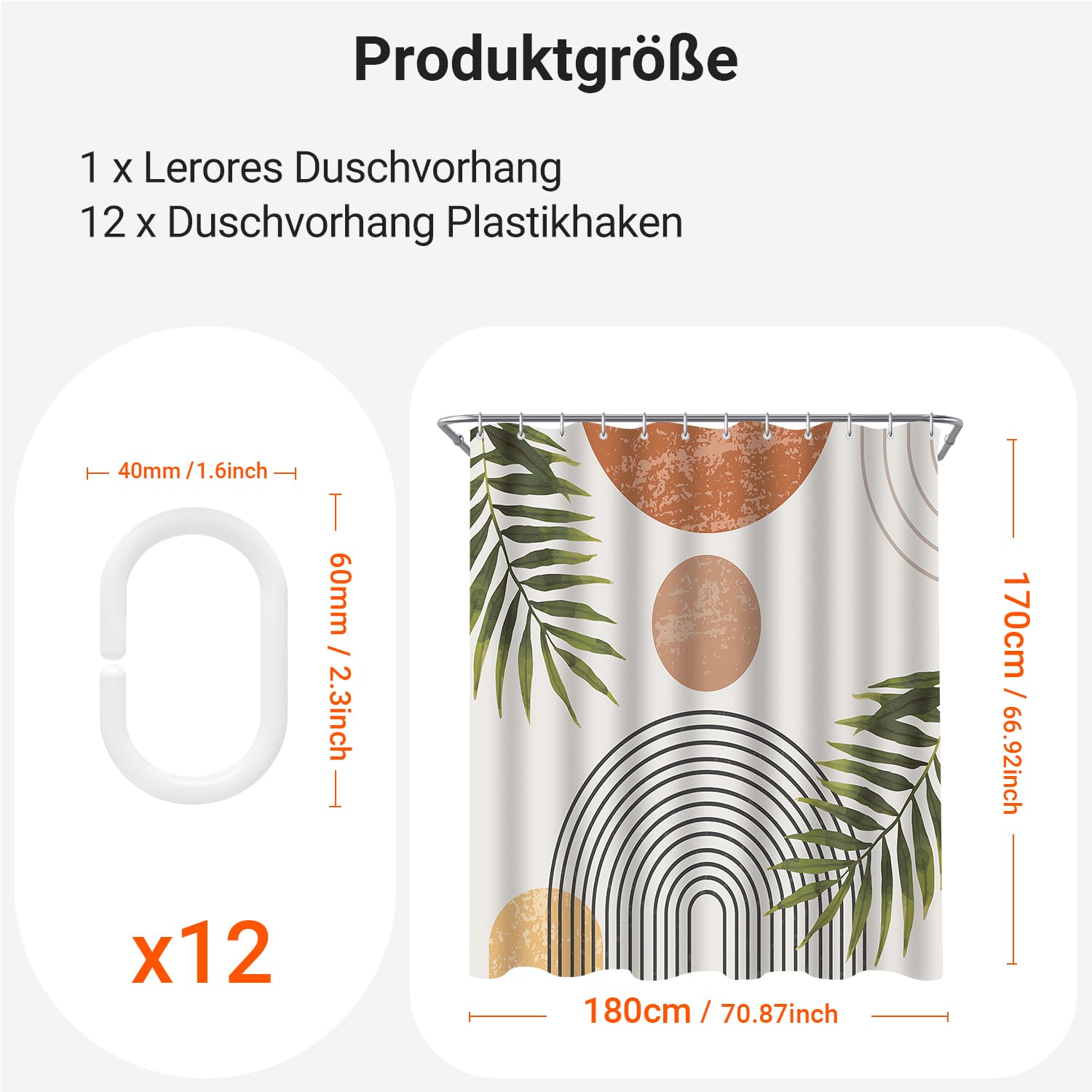 Lerores Shower Curtain 180 x 170 cm Leaves Line, Weighted Hem, Anti-Mould Textile, Water-Repellent - Image 2