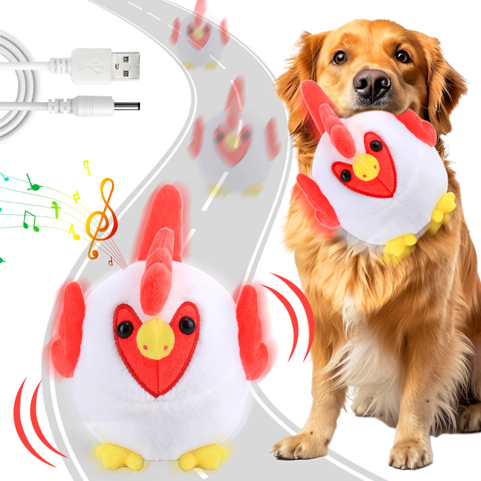 Interactive Dog Toys, Crazy Chicken Dog Toy with Pop Songs and Recording Mode, Rechargeable Active Self Moving Ball for Small/Medium/Large Puppy Dogs