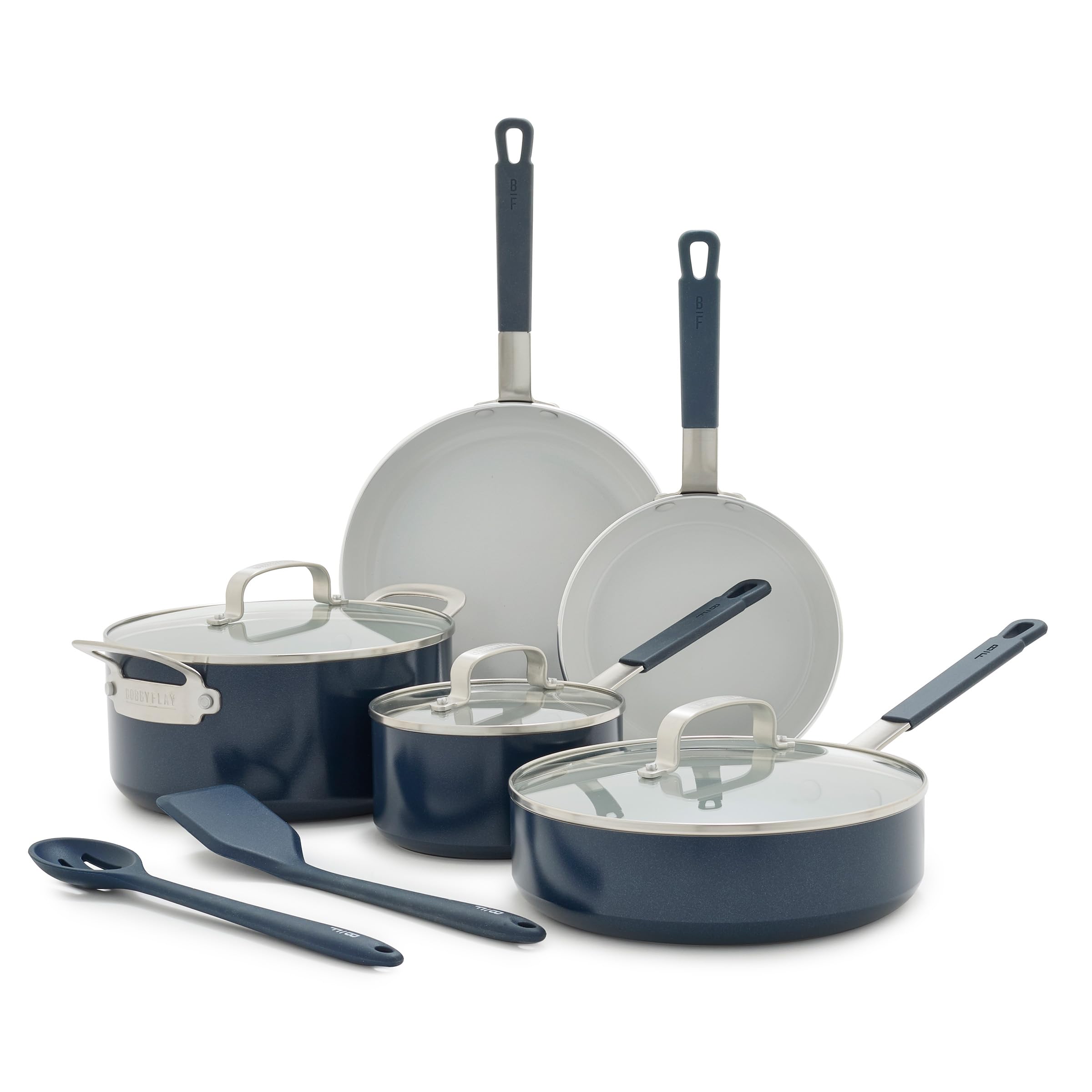 X Bobby Flay 10 Piece Ceramic Nonstick Cookware Set, Navy Blue | PFAS-Free Diamond Ceramic Nonstick Pots & Pans, Silicone Stay Cool Handles, Induction Ready, Dishwasher Safe, Glass Lids