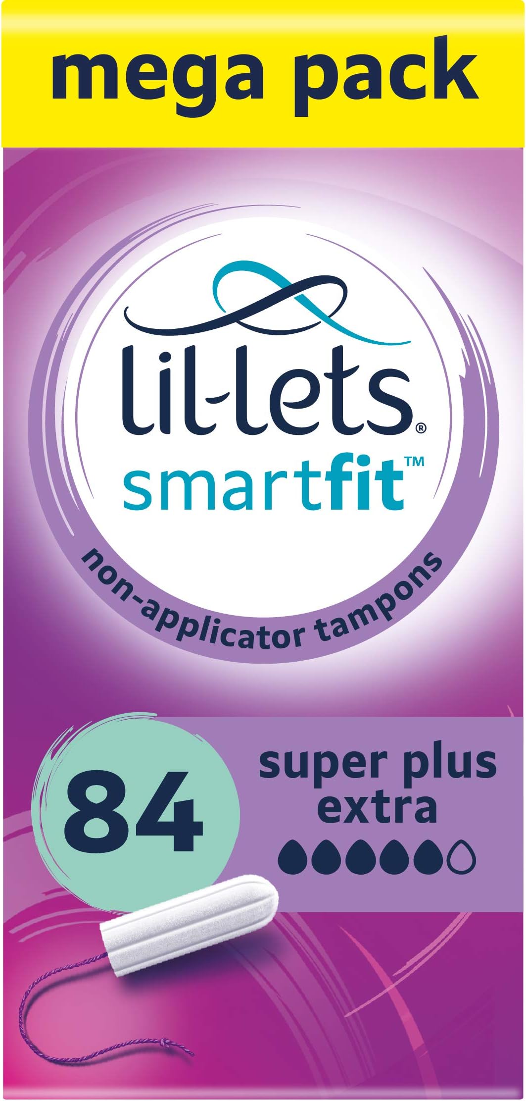 Lil-Lets Non-Applicator Super Plus Extra Tampons X 84, (6 Packs of 14 Tampons), For Very Heavy Flow, 5 Droplets, Plant-Based, SmartFit Non-App Tampon