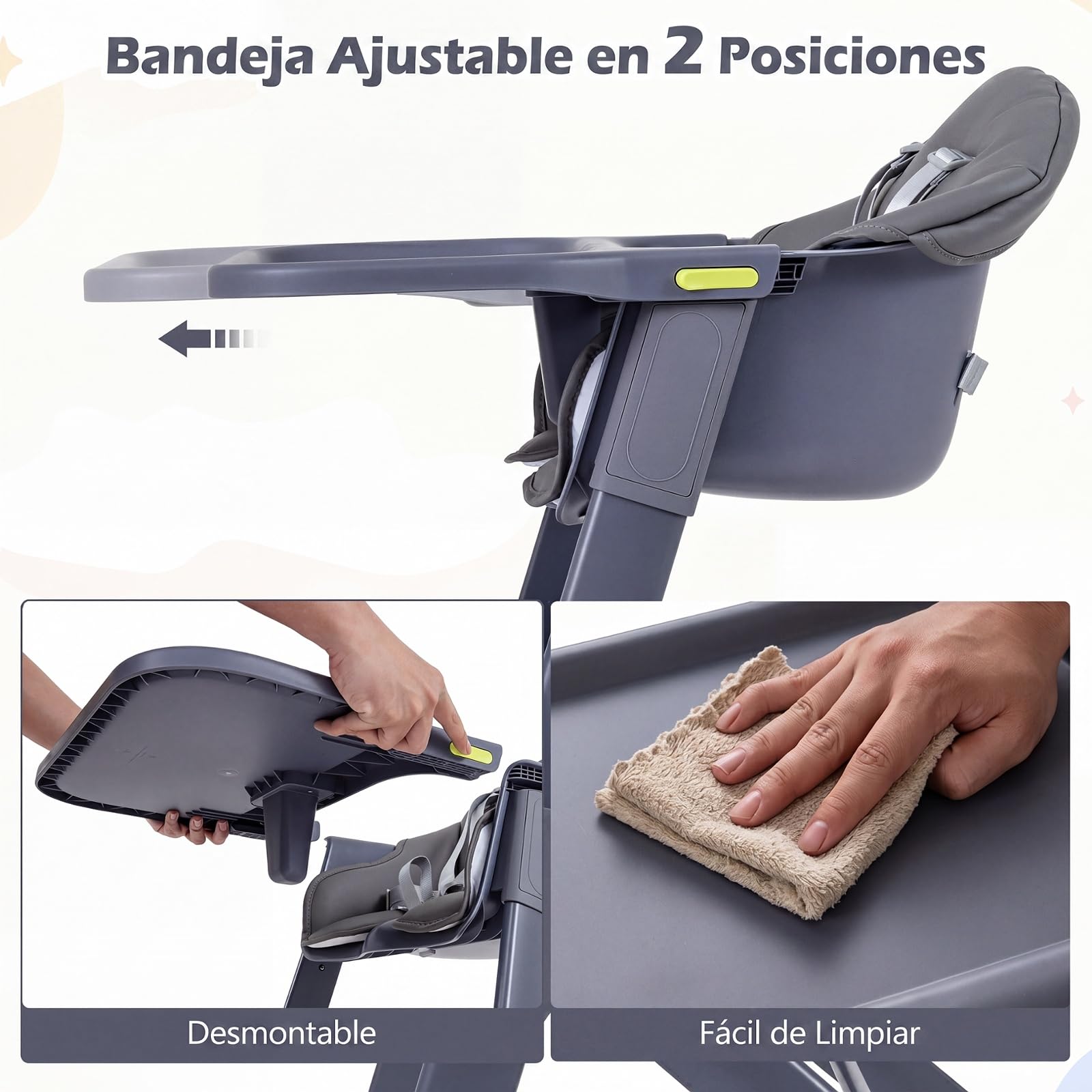 COSTWAY 3 en 1 Trona Bebé Lavable, Silla Bebe Comer | con Bandeja Extraíble y Ajustable en 2 Posiciones, Reposapiés, Cinturón de Seguridad y Cojín de Asiento, Silla Alta para Niño