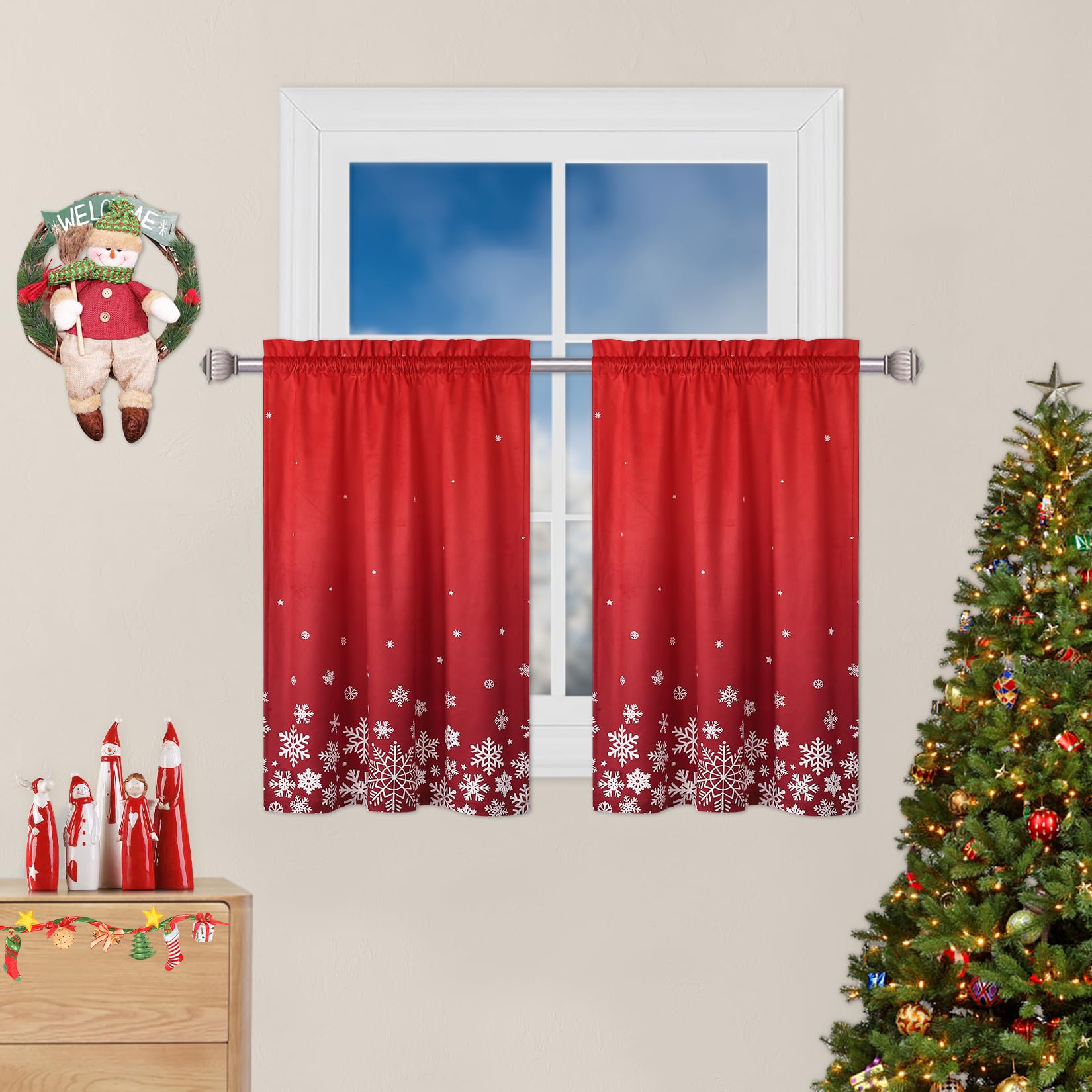 ROYGROW Christmas Kitchen Curtains 30 inch Snowflake Thick Velvet Fabric Xmas Curtains for Kitchen Farmhouse Cafe Curtains Rod Pocket Light Blocking Half Window Curtain, 26