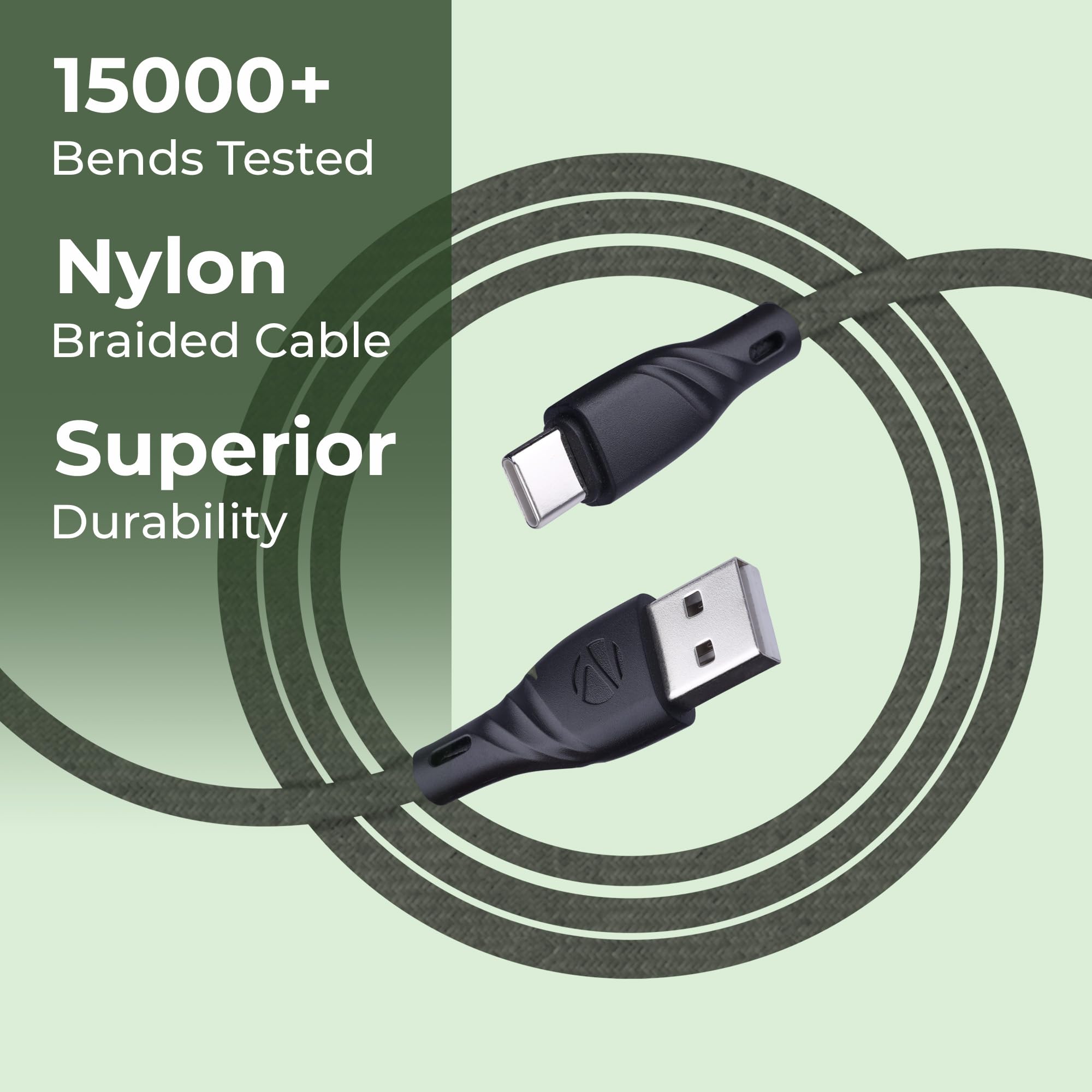 Zebronics USB to Type C Braided Nylon Cable, 33W, 3A Max, 1.5 Meters, Rapid Charging, 15000+ Bends Tested, Charge & Sync, Durable, Samsung, OnePlus, Xiaomi, Realme, Oppo (UT300, Green) — Amazon image 4
