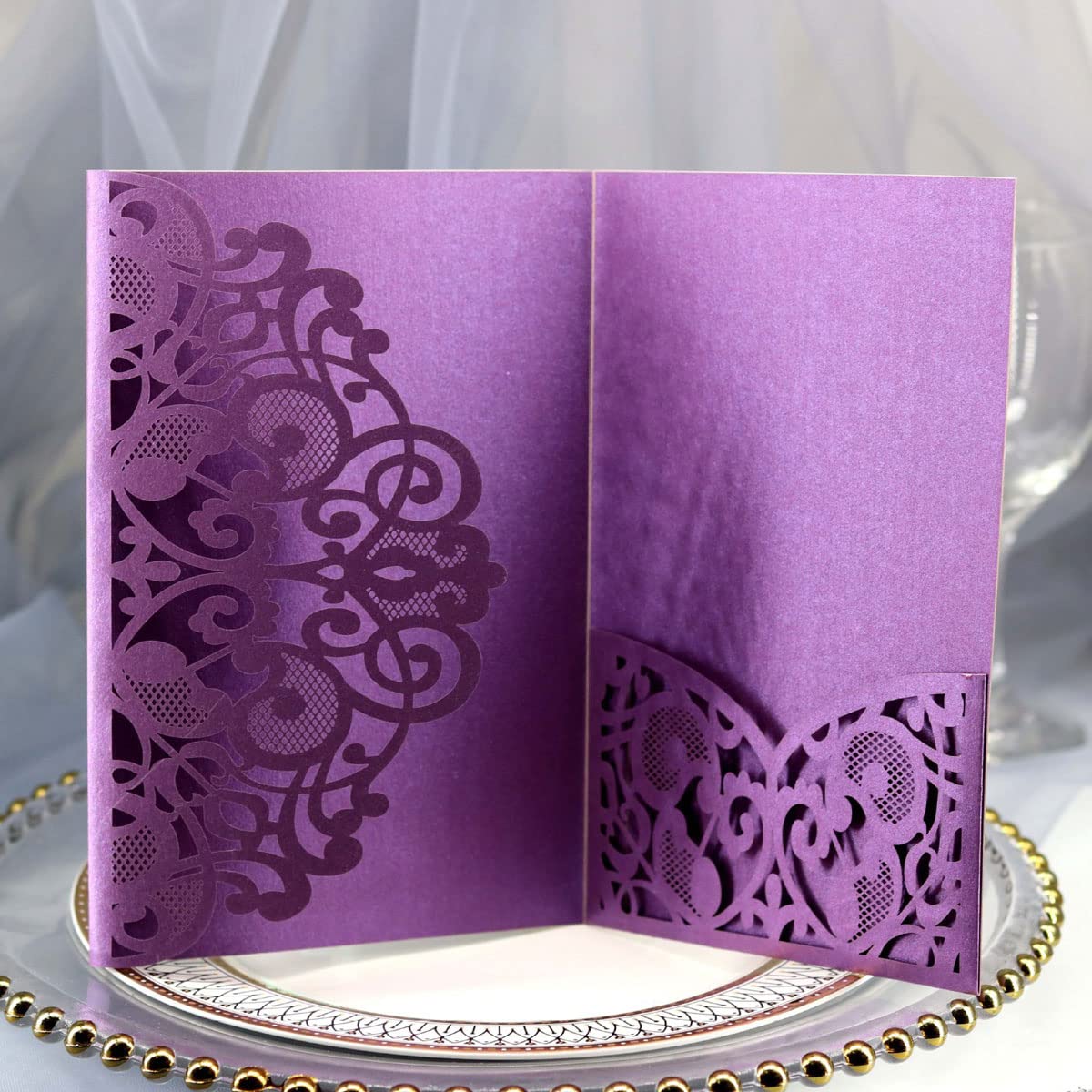 Delikatna romantyczna karta z zaproszeniem na przy Koperty - 50 sztuk zaproszeń czystych - personalizowane zaproszenia papierowe na przyjęcie zaręczynowe lub eleganckie zaproszenia(Purple,Blank)
