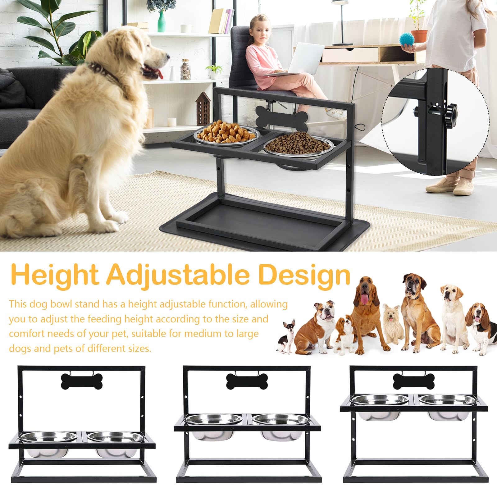 Comedero Elevado para Perros con 2 Cuencos De Acero Inoxidable Tapete Antifugas Altura Ajustable En 3 Niveles Color Negro 42 X 32 X 20,5 Cm