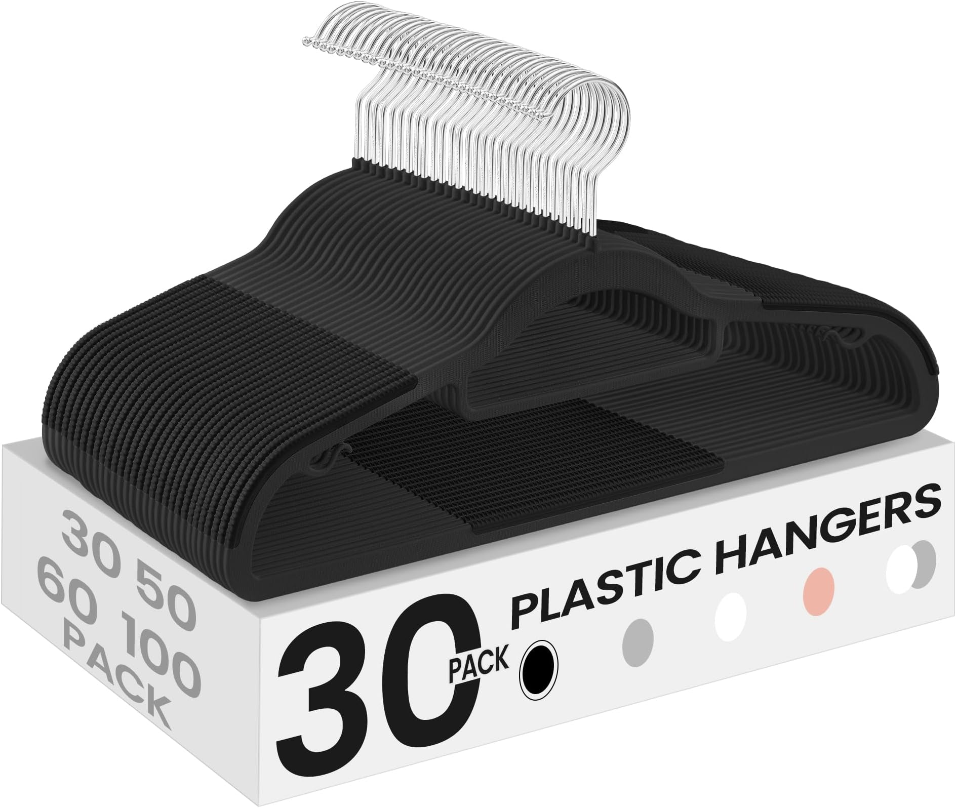 SONGMICS Pack of 30 Coat Hangers, Space-Saving Plastic Clothes Hangers, Non-Slip, 0.2 Inches Slim, 16.5 Inches Wide, 360° Swivel Silver Hook, Black UCRP20BK30