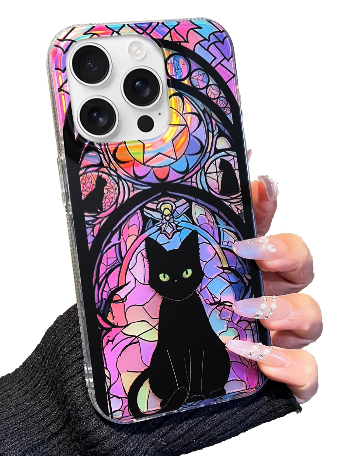 buccilly Compact Case for iPhone 15 Pro Halloween cat Design,Cute Holographic Soft Slim TPU Shockproof Protective Bumper Phone Cases Cover for Women