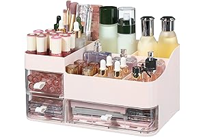 Pink Makeup Organizer Countertop - Acrylic Cosmetic Storage with Drawers for Vanity