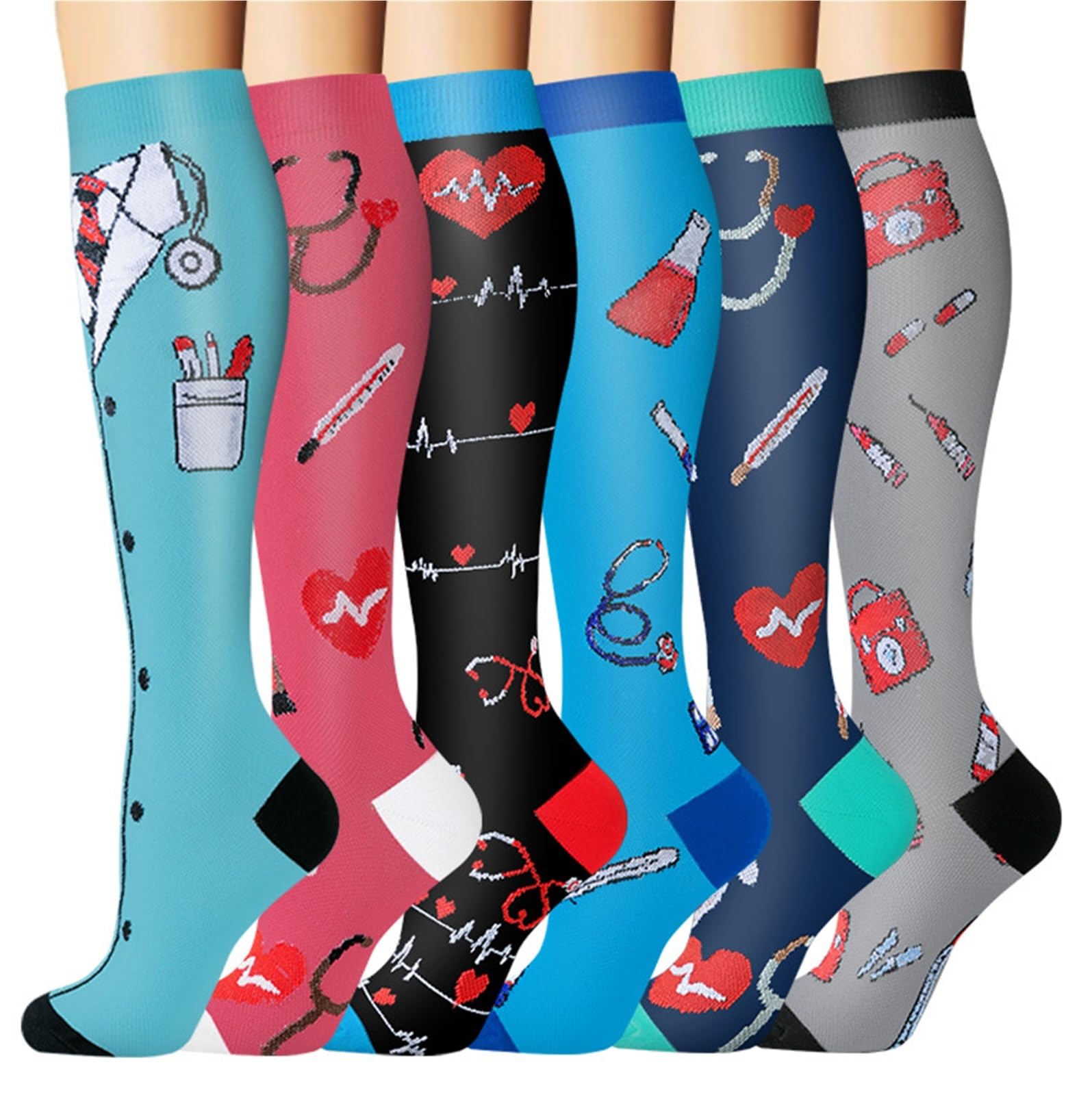 3/6 Paar Kompressionssocken Outdoor-Sport Reiten Kompresse Stretchstrümpfe Krankenschwester Wadendruck Beinsocken Geschwollene Krampfadern(AY006-11,S-M)