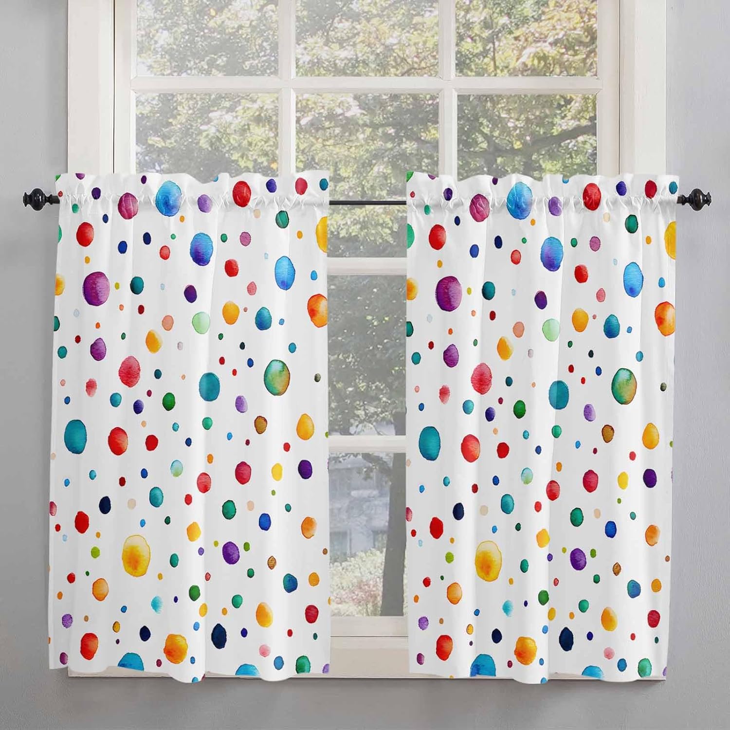 Colorful Polka Dot Window Short Curtains 54 Inch Length, Watercolor Color Point Rod Pocket Window Treatment Kitchen Drapes for Bedroom, Cafe, Living Room, 2 Panels, 52 W x 54 L