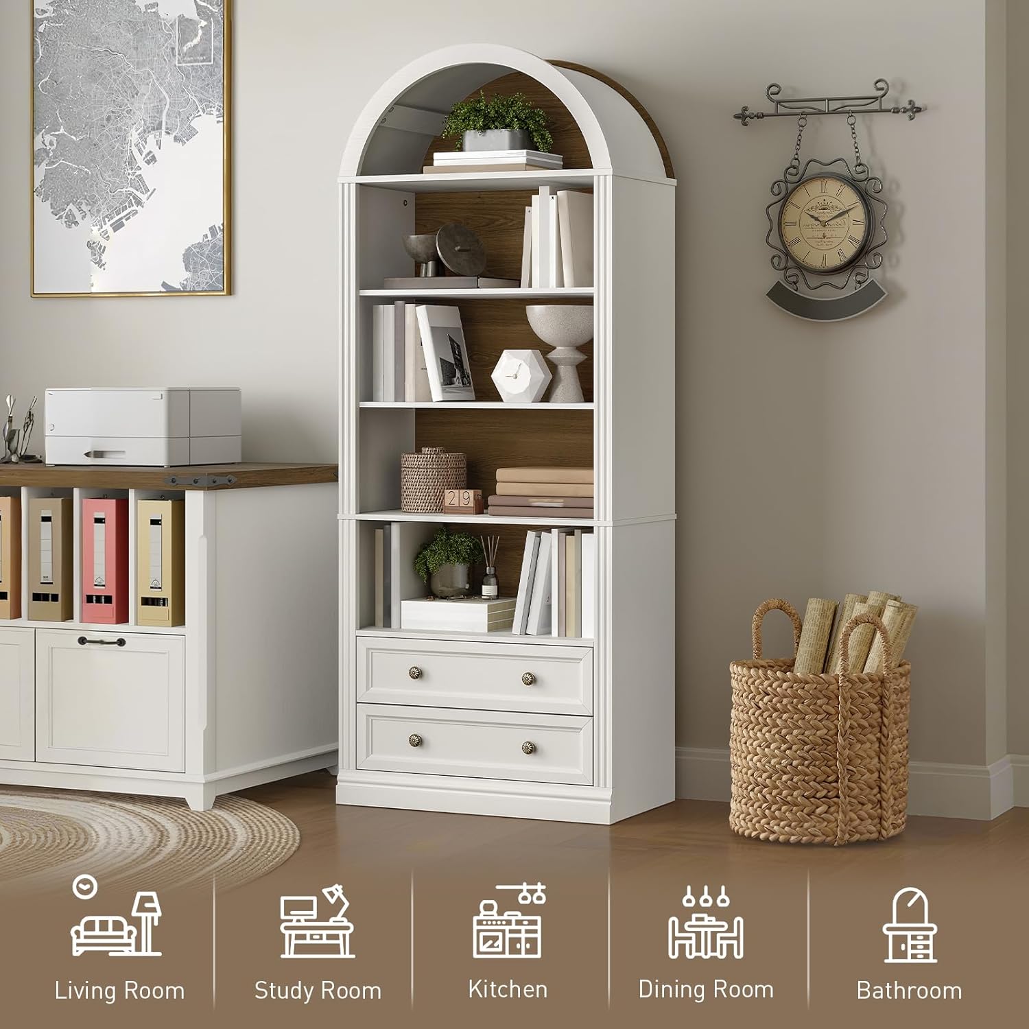 RALGEND Farmhouse Arched Bookshelf Set of 2, 7 Tiers Arch Bookcase with 2 Spacious Drawers, Modern Book Shelf with Open Display Shelves and Storage Cabinet, for Office, Living Room, Walnut and White