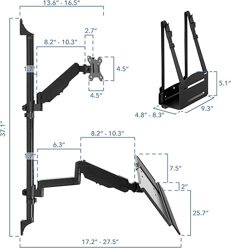 Miniatura 8 de Mount-It! Estación de trabajo de montaje en pared con soporte para monitor único, bandeja para teclado y soporte para CPU, brazos de movimiento