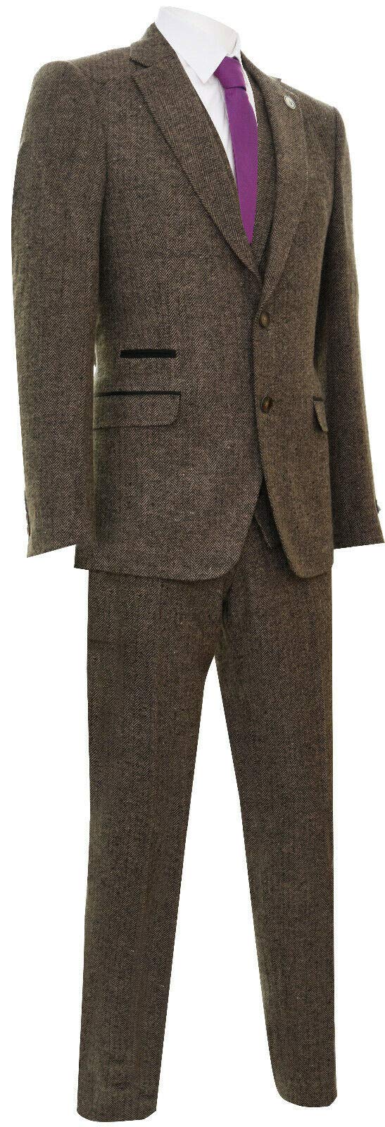 Tru Clothing Abito a 3 Pezzi Marrone da Uomo in Lana a Spina di Pesce Stile Anni '20 Blinders