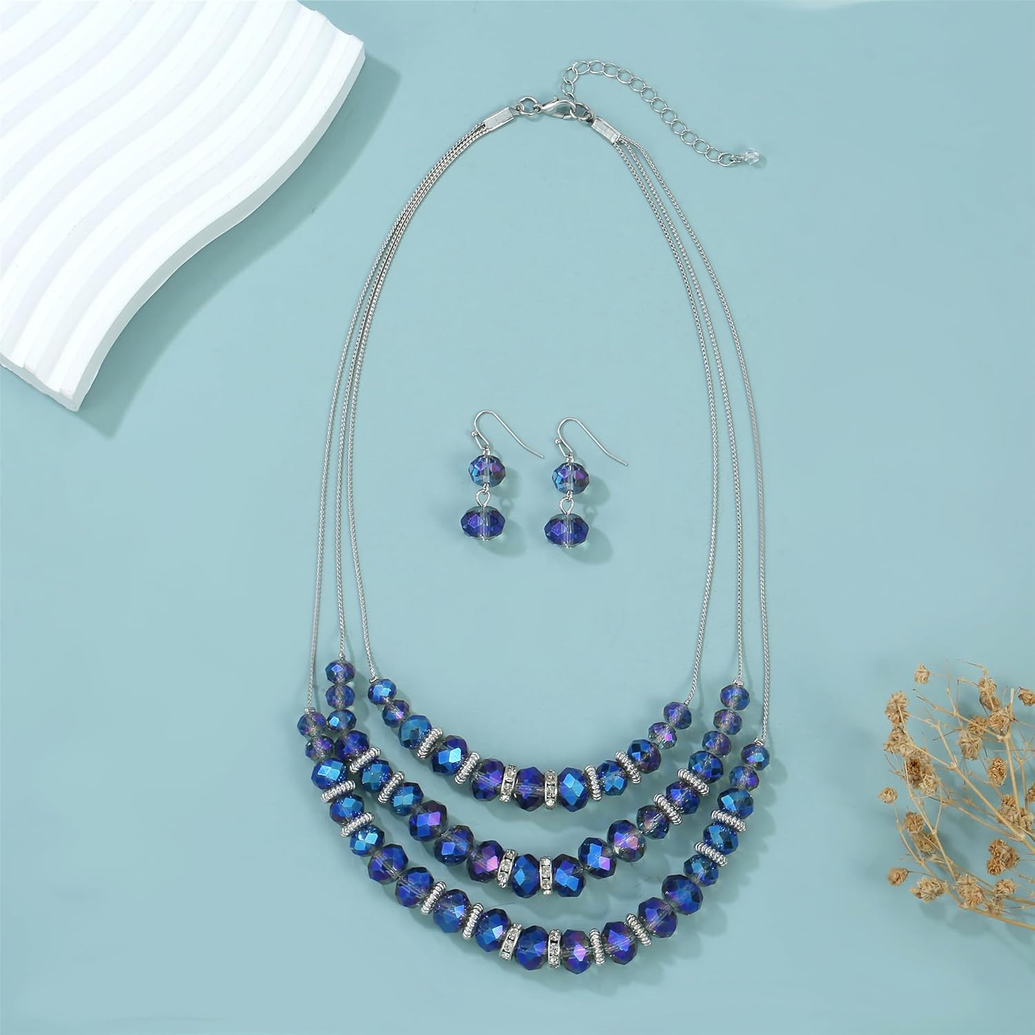 Multi Layered Sparkly Crystal Necklaces and Earrings for Women Shiny Beaded Statement Necklace Set Fashion Costume Jewelry Gifts - Image 2