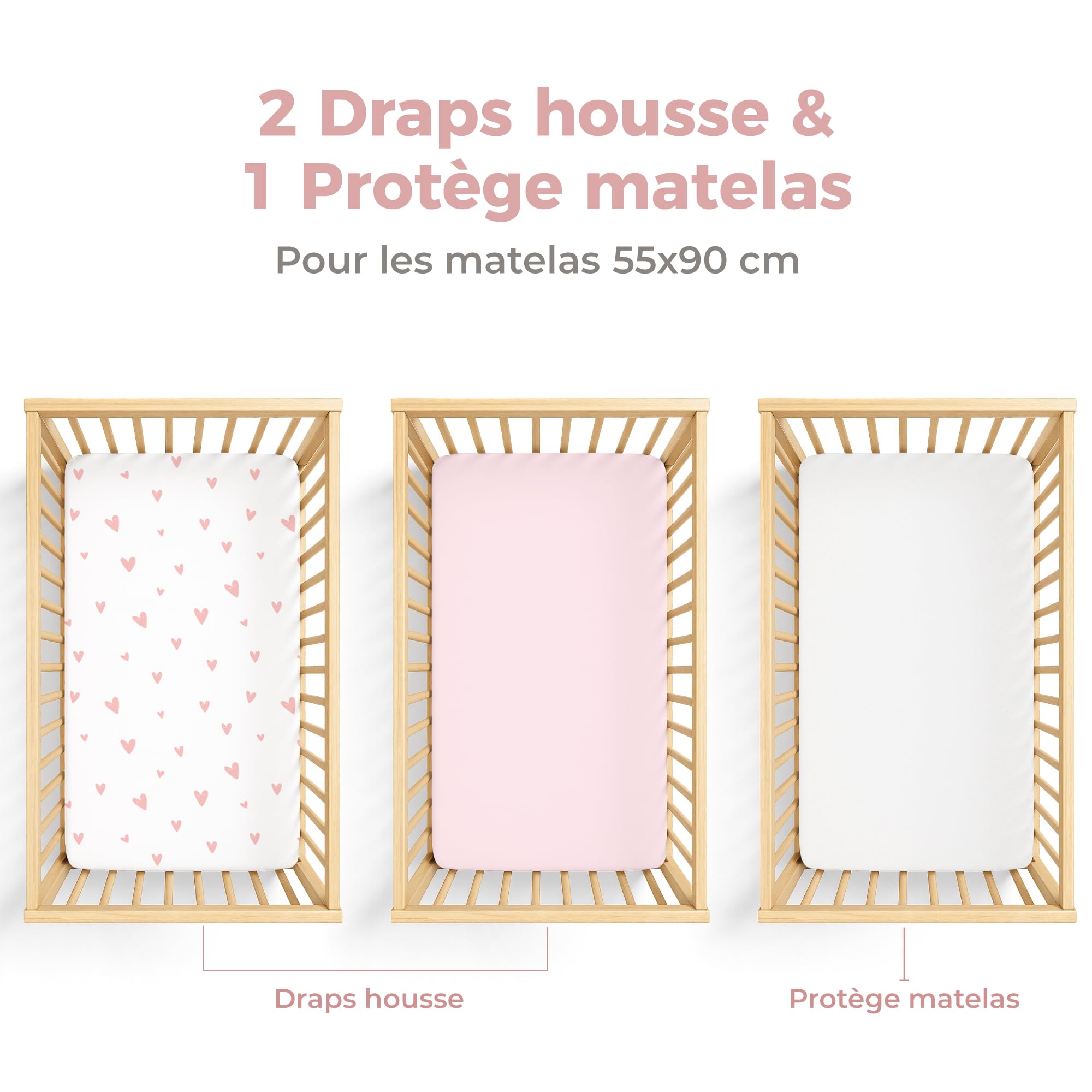 Dreamzie Lot de 2 Drap Housse Cododo + 1 Protege Matelas Impermeable Enfant - 55x90 cm - 100% Coton pour Berceaux, Matelas Cododo - Motif Heart