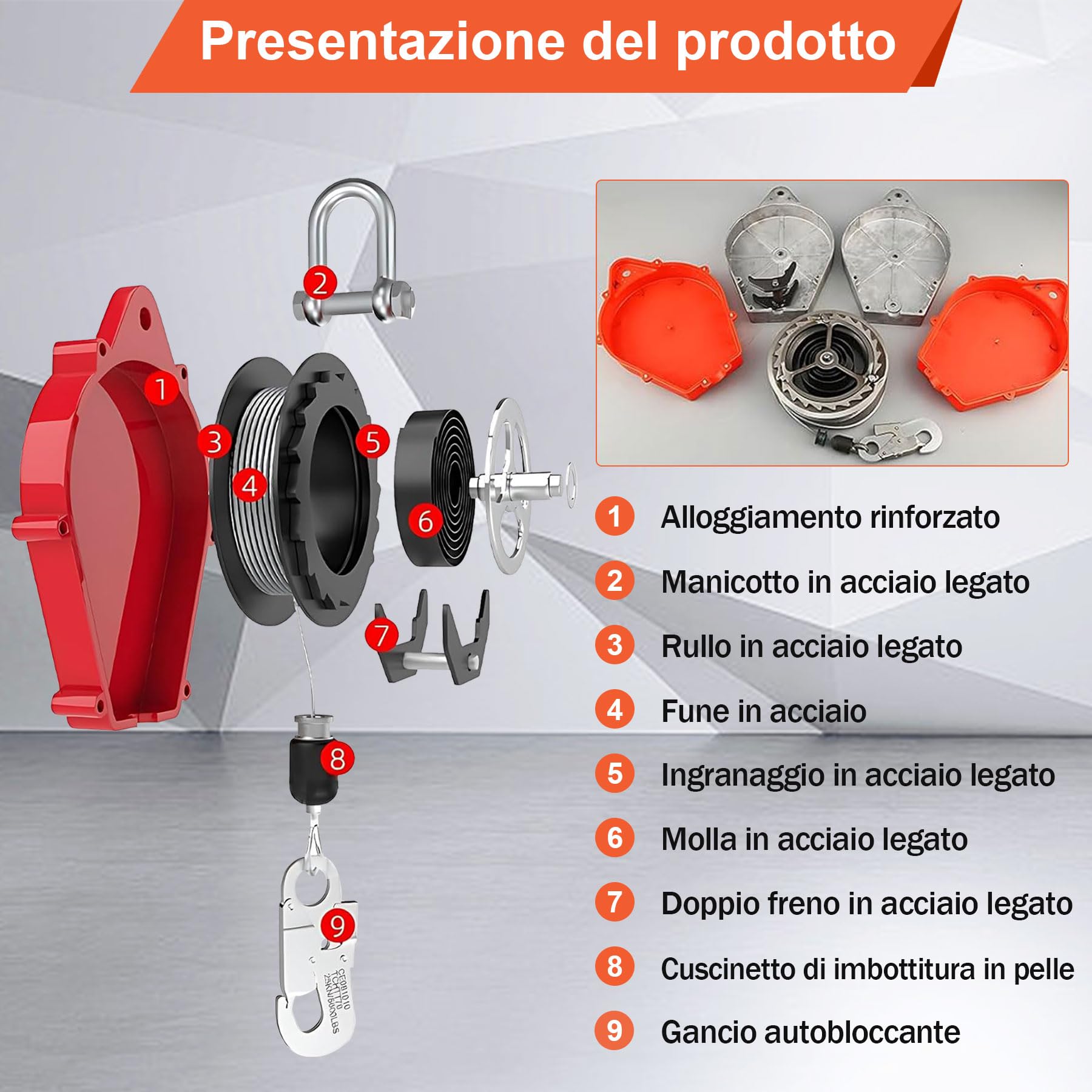 Dispositivo Anticaduta Retrattile Certificato 10m | Imbracatura di Sicurezza Anticaduta Tetto 200KG con Gancio Autobloccante, Dispositivo Sicurezza Anticaduta per Lavoro Aereo