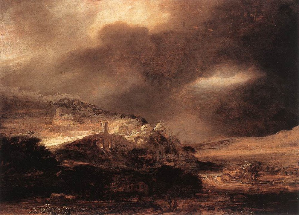 Cadre Rembrandt Stormy Landscape - Fini Mat Antireflet pour Grand Mur Lumineux