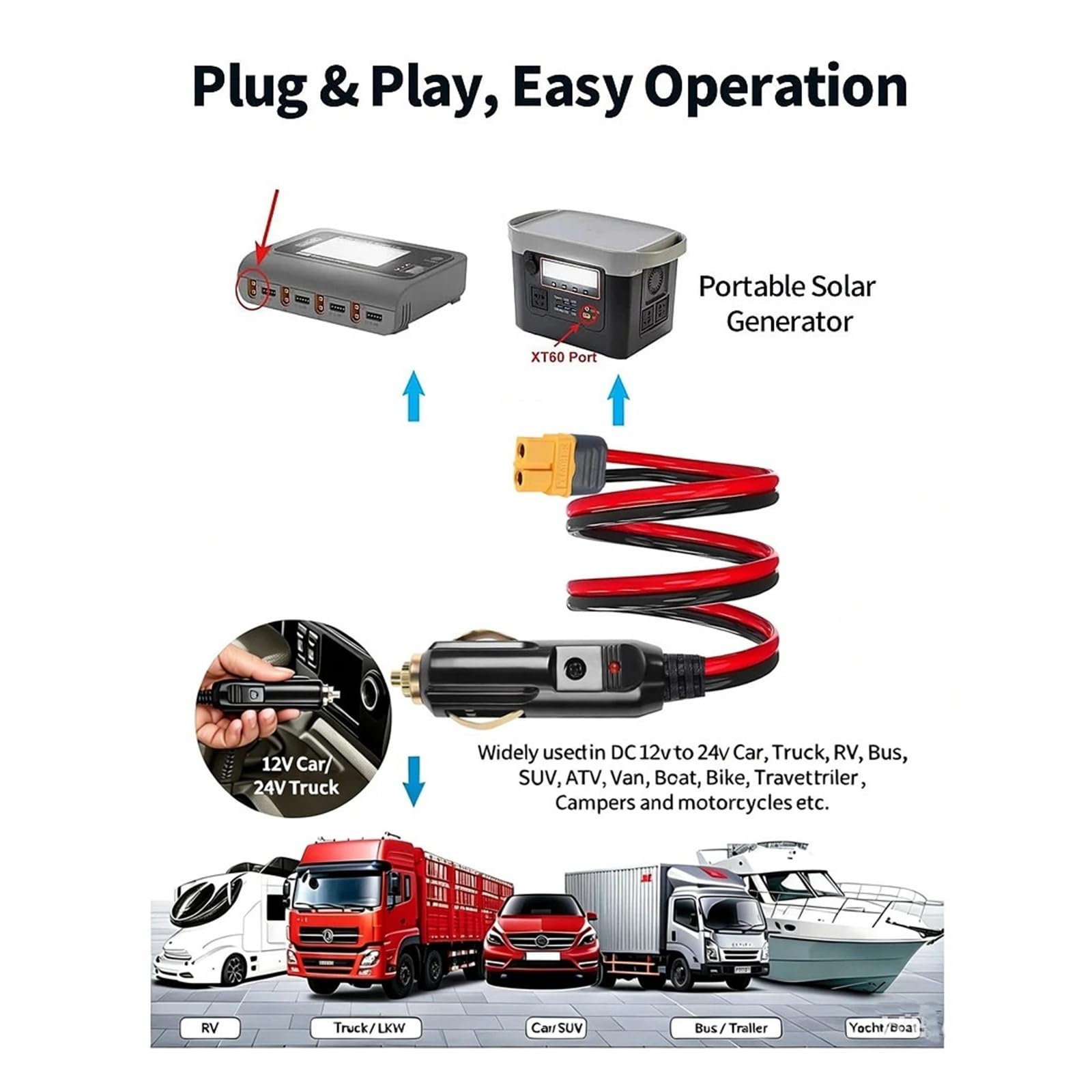 XT60 to Cigarette Lighter - Cable adaptador de 12 V 24 V para estación de alimentación (1 m)