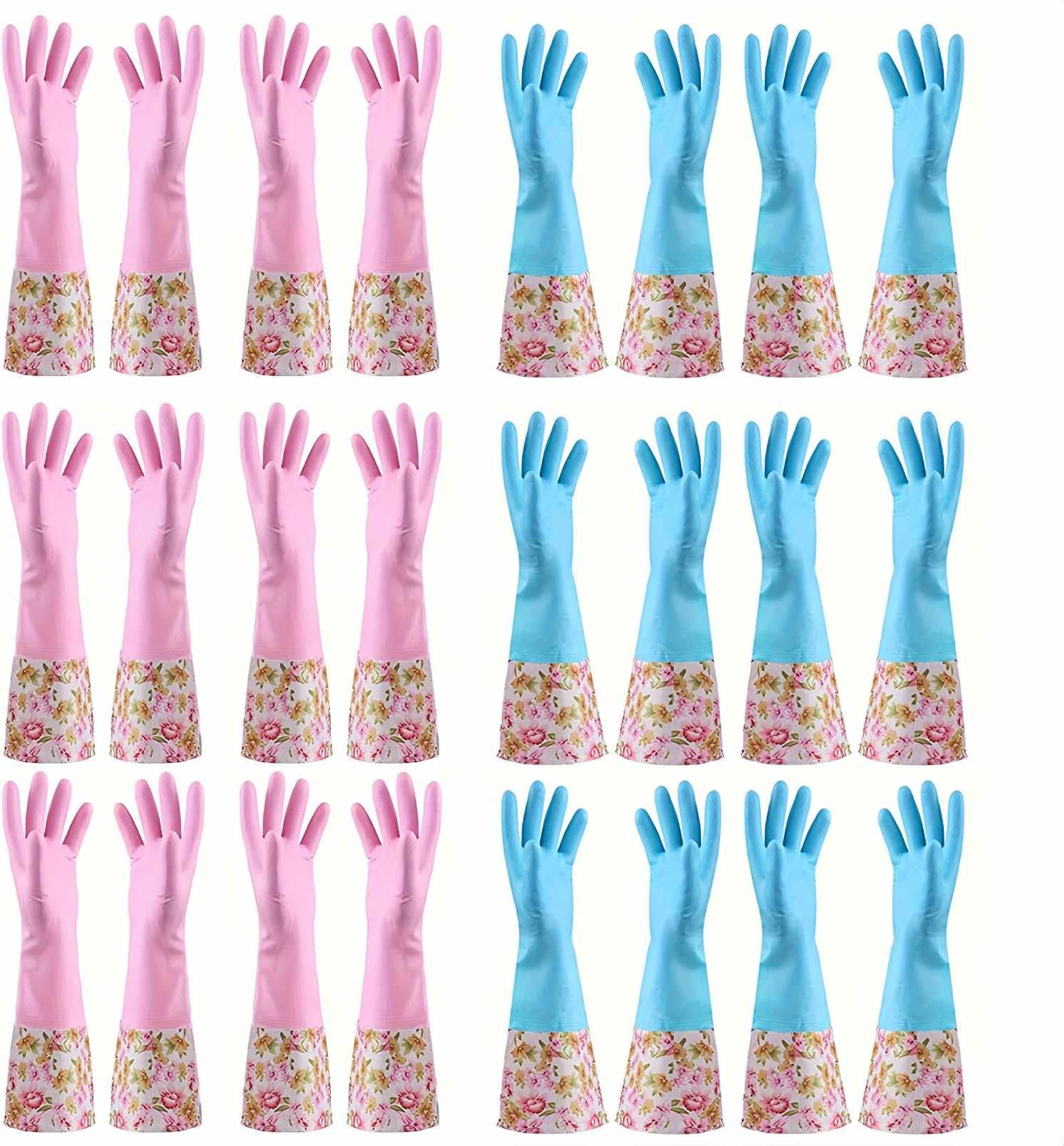 KINGFINGER Rubber Cleaning Gloves, 12 Pairs Household Kitchen Dishwashing Gloves, Non-Slip Reusable Cleaning Gloves with Long Cuff and Flock Lining for Washing Dishes and Cleaning Supplies(Medium)