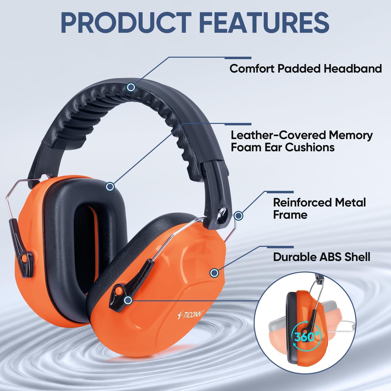 TICONN Noise Cancelling Ear Muffs for Adults, SNR 33dB Hearing Protection, Adjustable Safety Earmuffs for hunting, Construction (Bright Orange) view 4