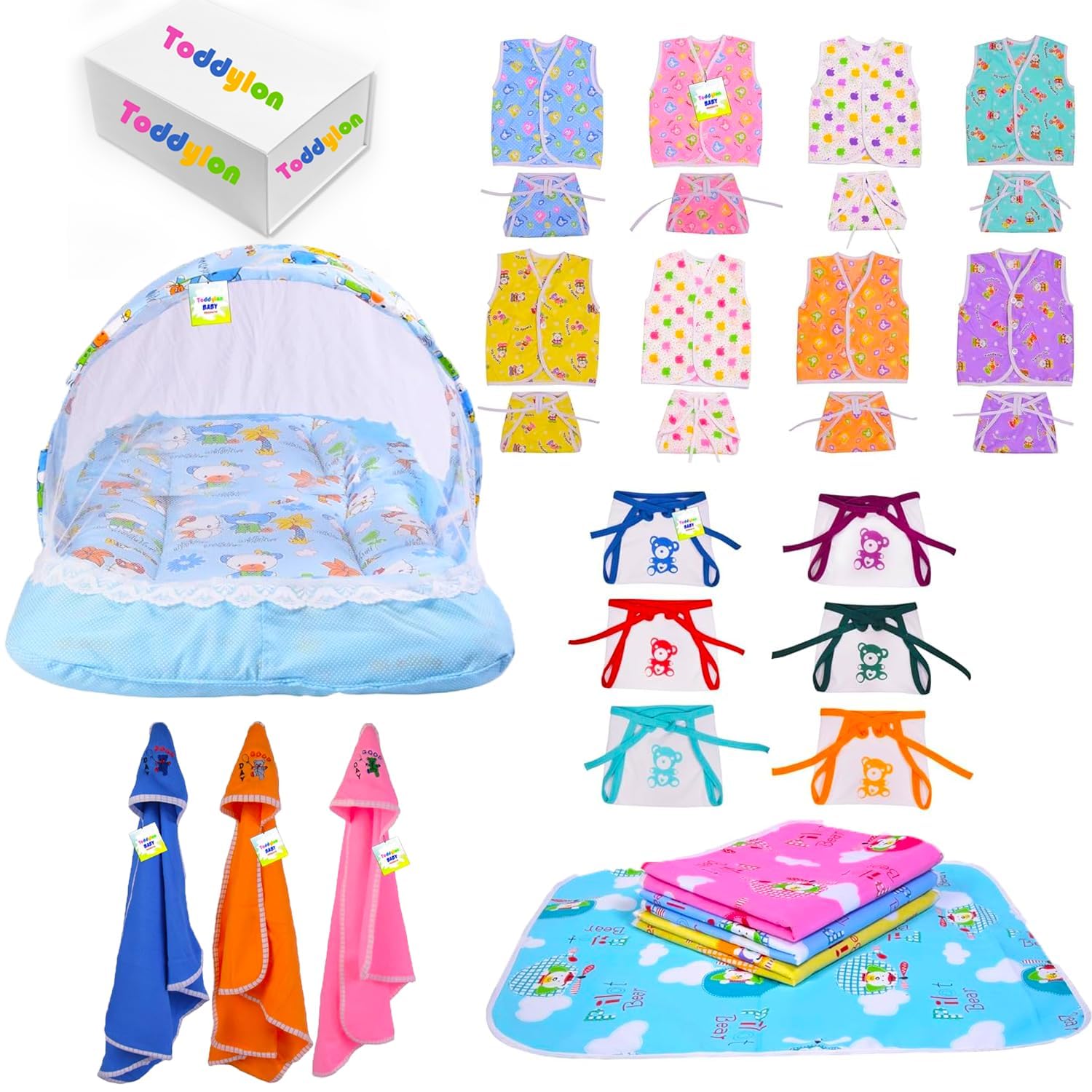 Toddylon 30 in 1 New Born Baby Products All Gift Pack | Baby Bedding Set | Baby Clothes | Essentials Items | Combo Set | Infants | Just Born Boys Girls | Baby Bed (Multicolor, 0-6 Months)-image-17