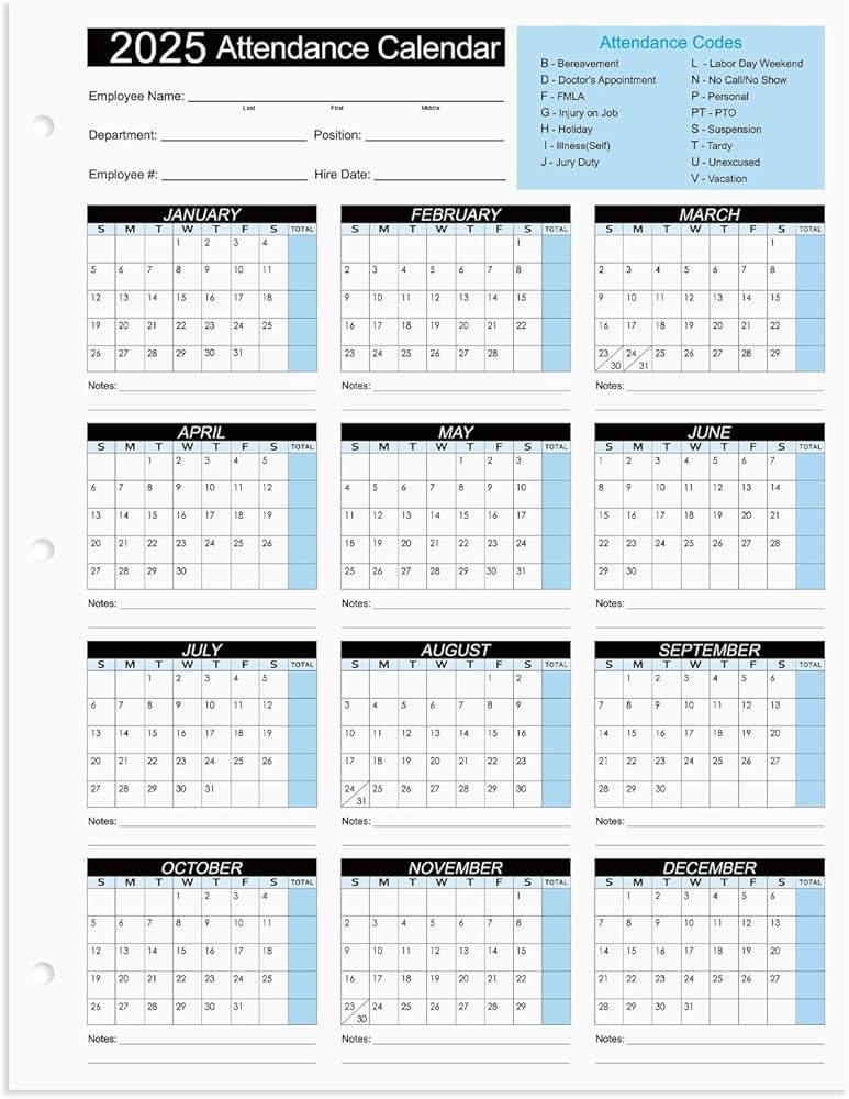 Amazon.com: 2025 Attendance Calendar Work Tracker Attendance Calendar Cards - 8.5 X 11 Cardstock/Pack of 25 Sheets : Office Products