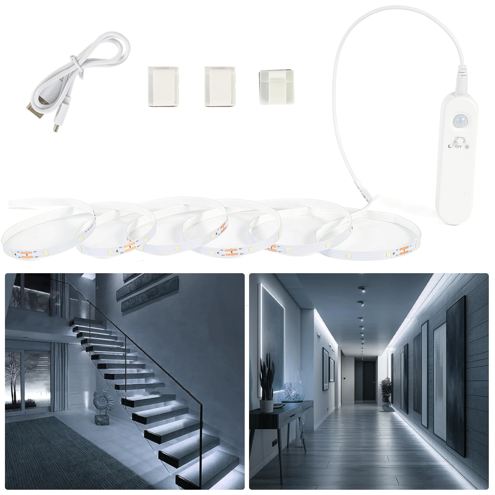 Daymeet Striscia LED con sensore di movimento, 5 m, attivata dal movimento sotto il letto, armadio, cucina, sotto l'armadio, luci per scale, corridoio, camera da letto (bianco caldo) senza app