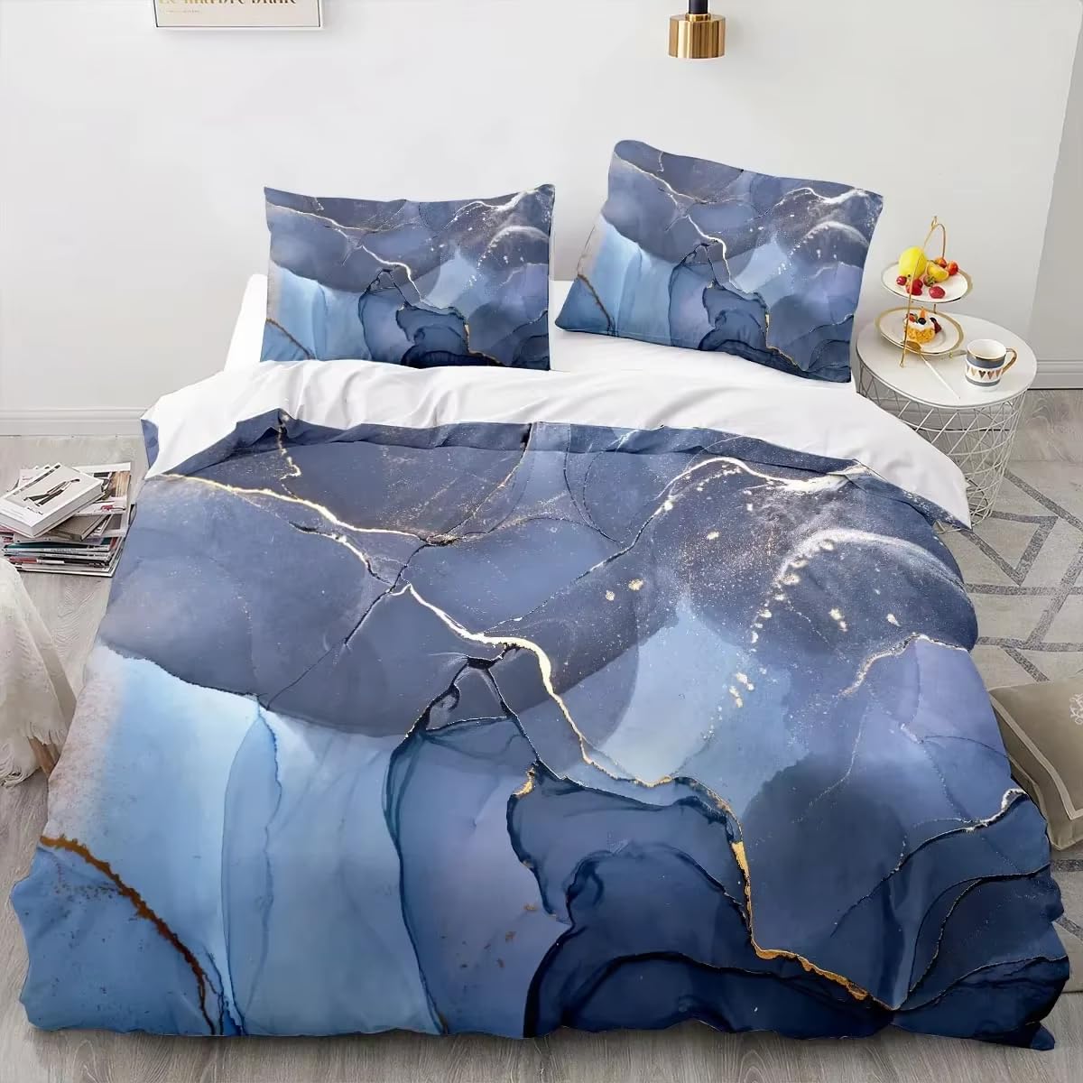 Housse de couette marbre bleu violet 240x220 cm en microfibre pour lit king