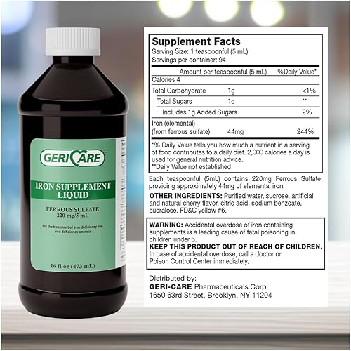 Miniatura 3 de GeriCare Suplemento de hierro líquido de alta potencia 220  Hierro líquido para adultos  para anemia y deficiencia de hierro  220 mg por dosis de