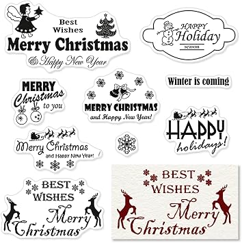 Merry Christmas Greeting Words Clear Stamps for Card Making and Photo Album Decorations, Christmas Elk Tree Silicone Stamps Winter Snowflake Transparent Rubber Stamps Seal for Xmas DIY Scrapbooking Supplies