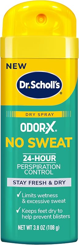 Dr. Scholl’s Odor-X No Sweat Dry Foot Spray, 3.8 oz - 24-Hour Perspiration Control, Stay Fresh & Dry, Limits Wetness & Excessive Sweat, Keeps Feet Dry to Help Prevent Blisters, Great for Men & Women