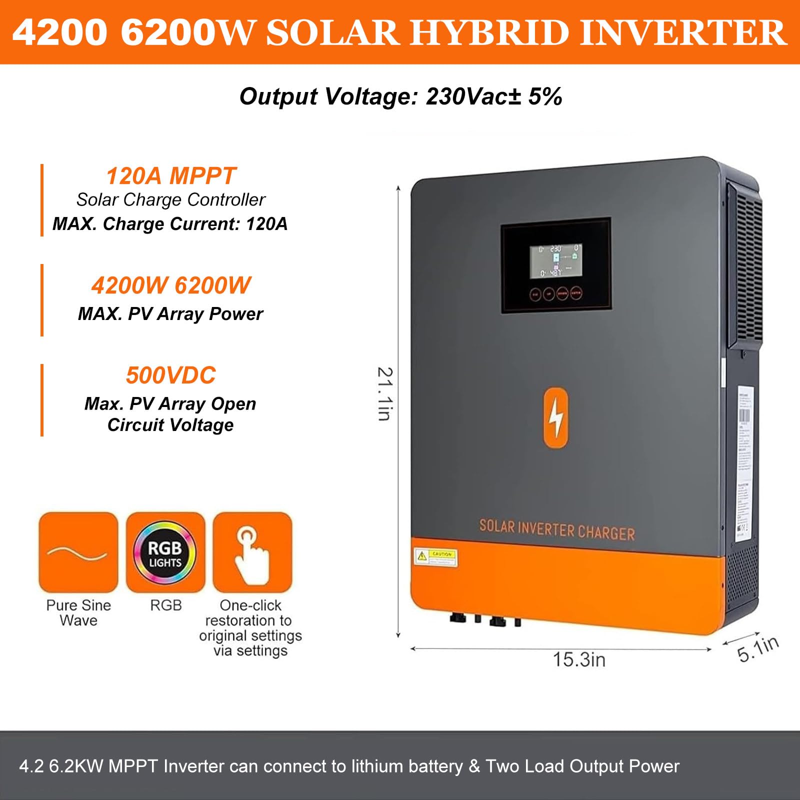 Inverter Solare Ibrido 4200/6200W 24/48V CC A 230V Ca, Inverter Monofase A Onda Sinusoidale Pura con Regolatore Mppt 120A,4200W