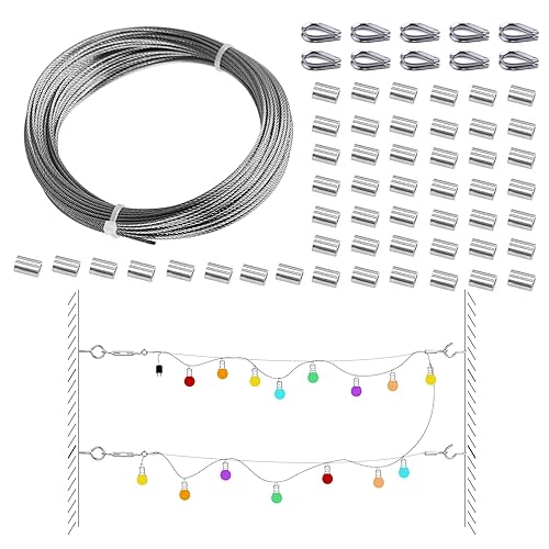 Muzata Cuerda de alambre de 33 pies 116 pulgadas T316 de acero inoxidable de grado marino para aeronaves de 7 x 7 hebras con 50 fundas de aluminio